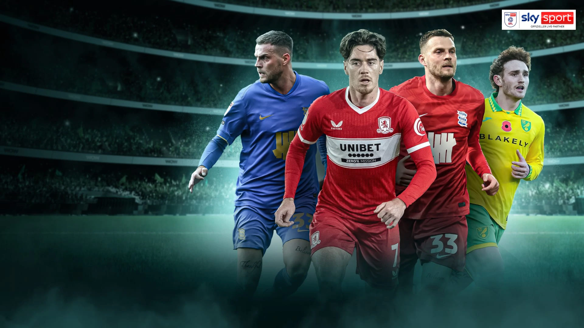 Zwei Spieler aus der English Football League. Rechts ob in der Ecke das kombinierte Logo von Sky Sport und EFL.