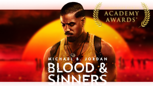 Oscargewinner Michael B. Jordan im Vordergrund, hinter die rot untergehende Sonne und Schemen von Menschen.