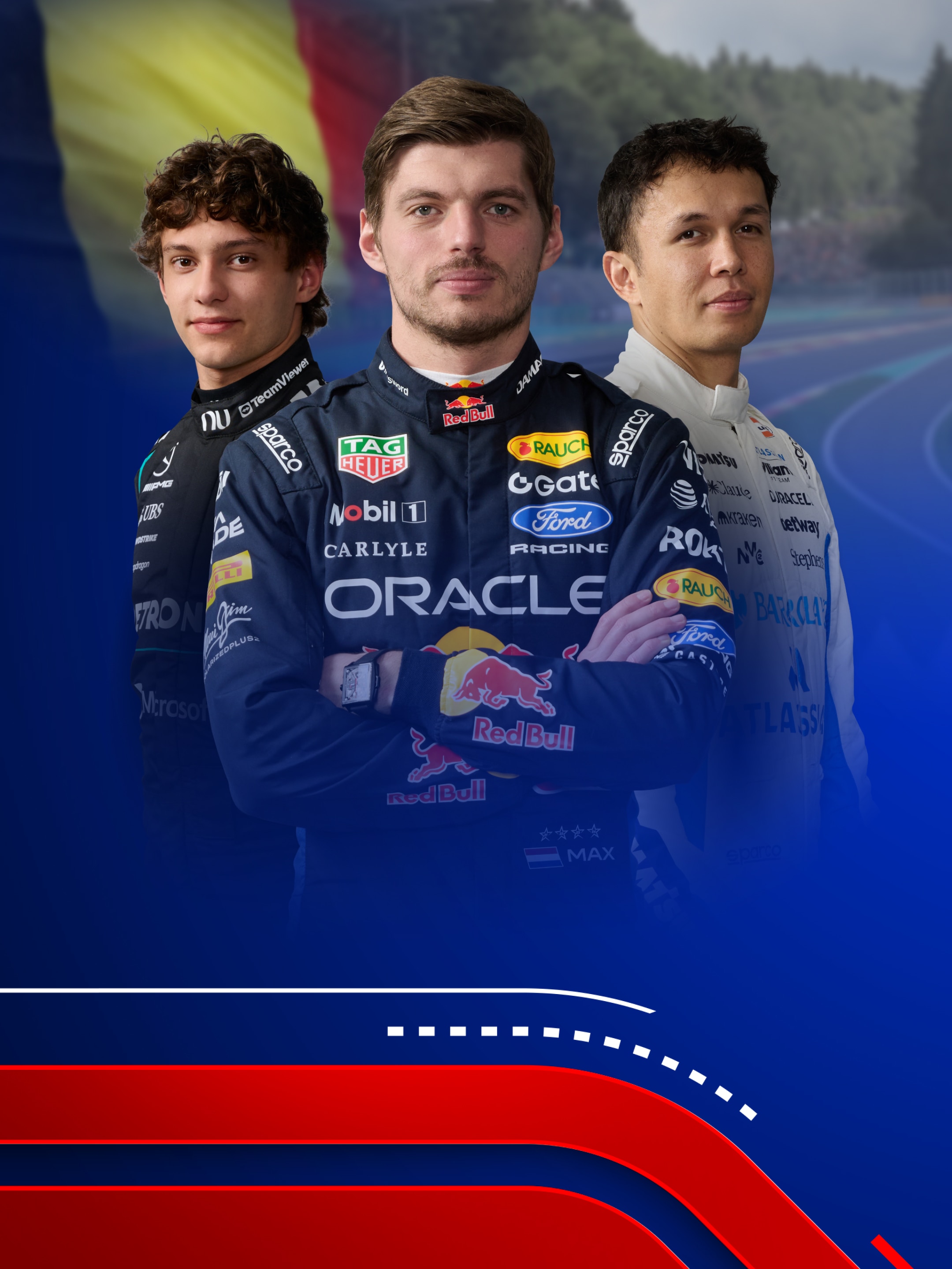 Grafik mit Max Verstappen, Kimi Antonelli und Alex Albon.