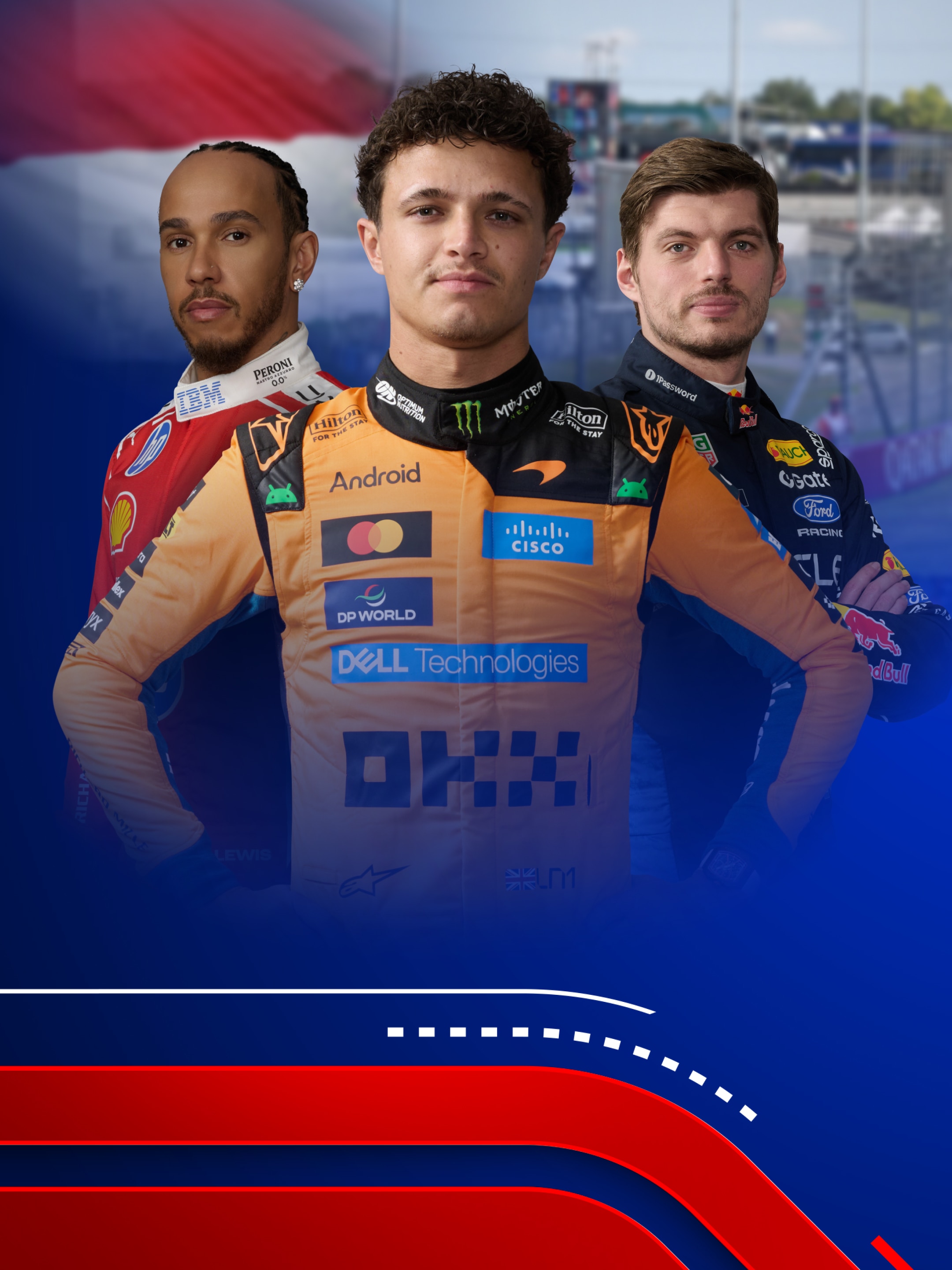 Eine Collage von Lewis Hamilton, Lando Norris und Max Vestappen.