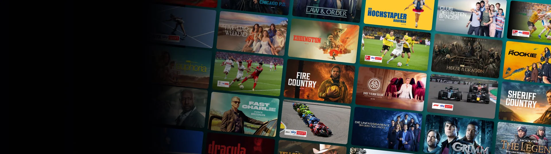 Abgebildet sind Bilder mit Motiven aus Fußballspielen, Formel-1-Rennen und Titelbilder verschiedener Filme und Serien.
