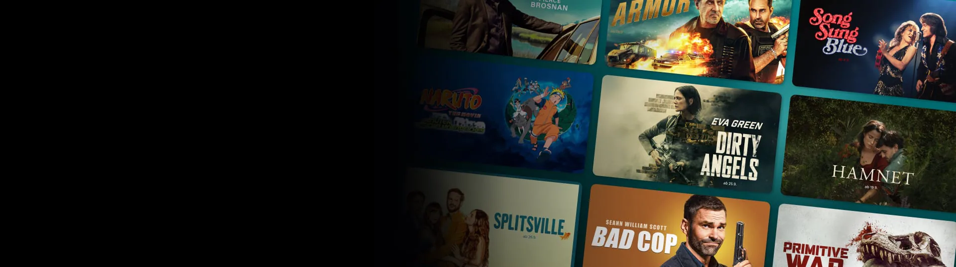 Die Grafik zeigt die Titelbilder neuer Filme, darunter Hamnet, Bad Cop und Dirty Angels.