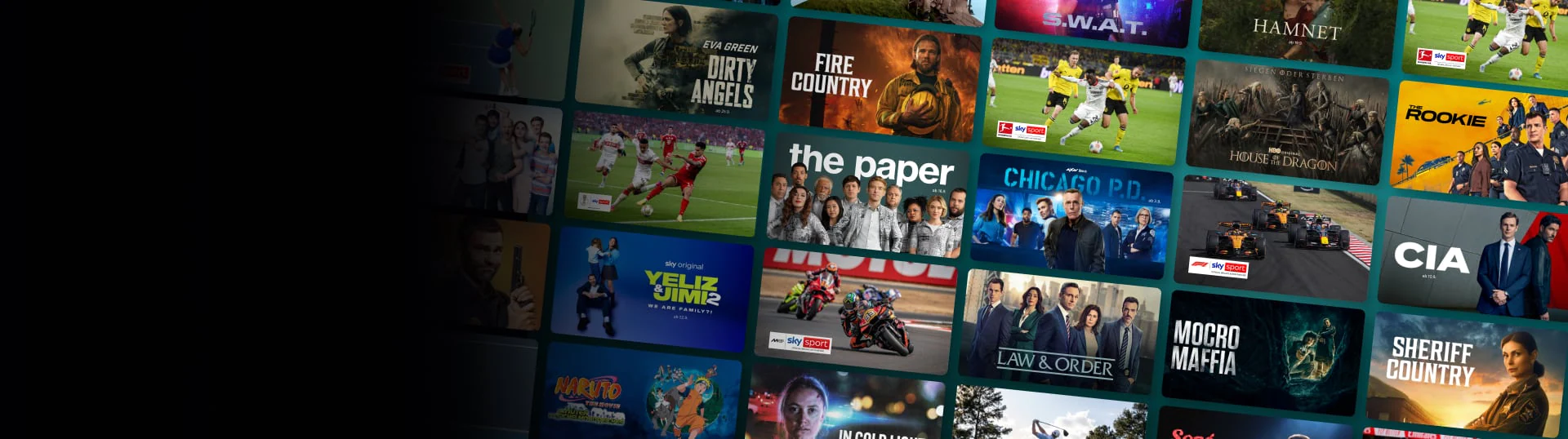 Abgebildet sind Bilder mit Motiven aus Fußballspielen, Formel-1-Rennen und Titelbilder verschiedener Filme und Serien.