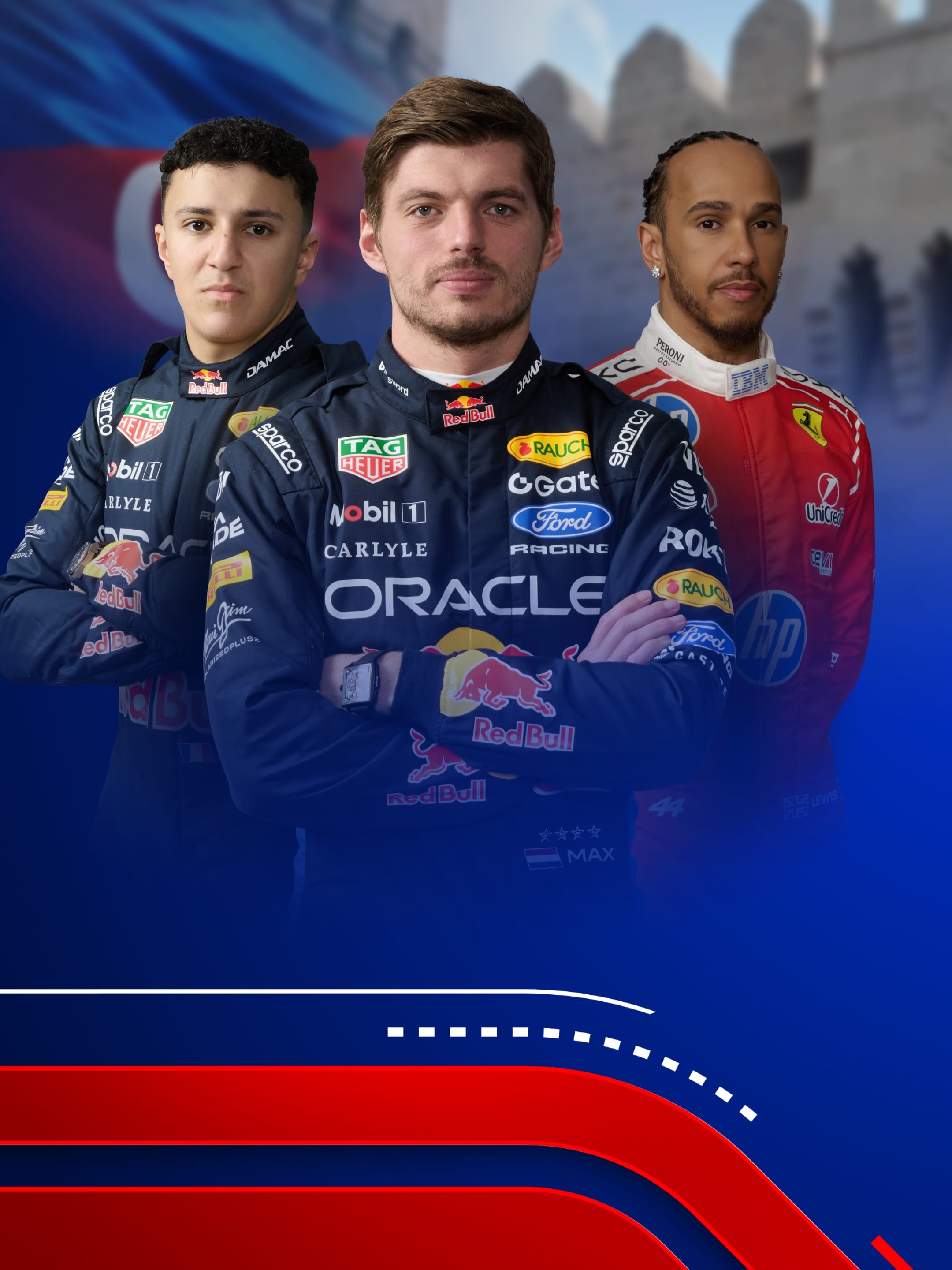 Formel 1 Fahrer Isack Hadjar, Max Verstappen, Lewis Hamilton
