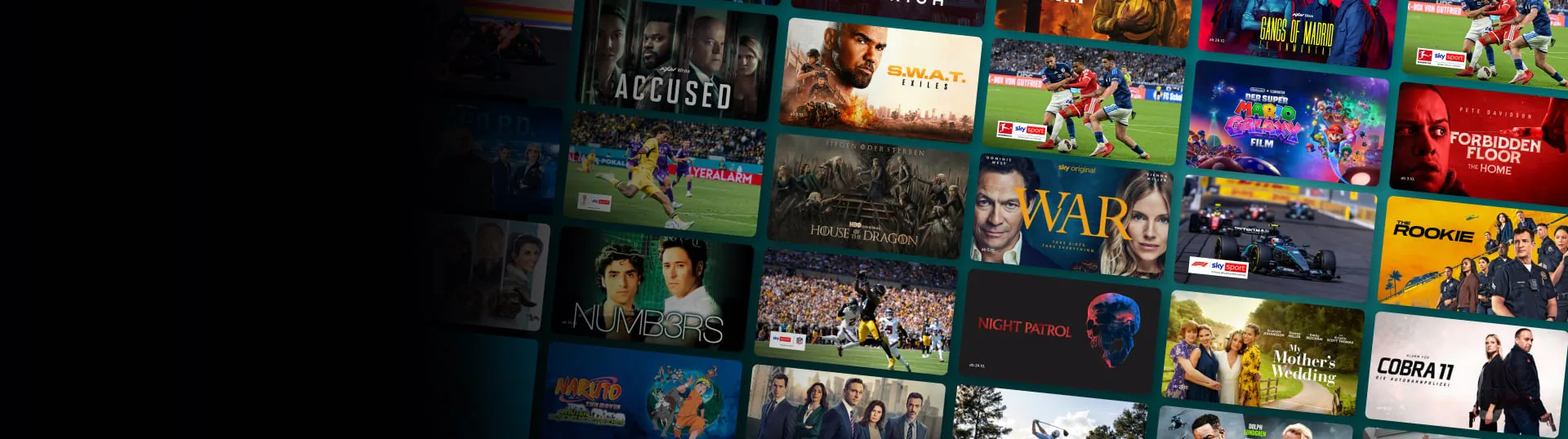 Abgebildet sind Bilder mit Motiven aus Fußballspielen, Formel-1-Rennen und Titelbilder verschiedener Filme und Serien.