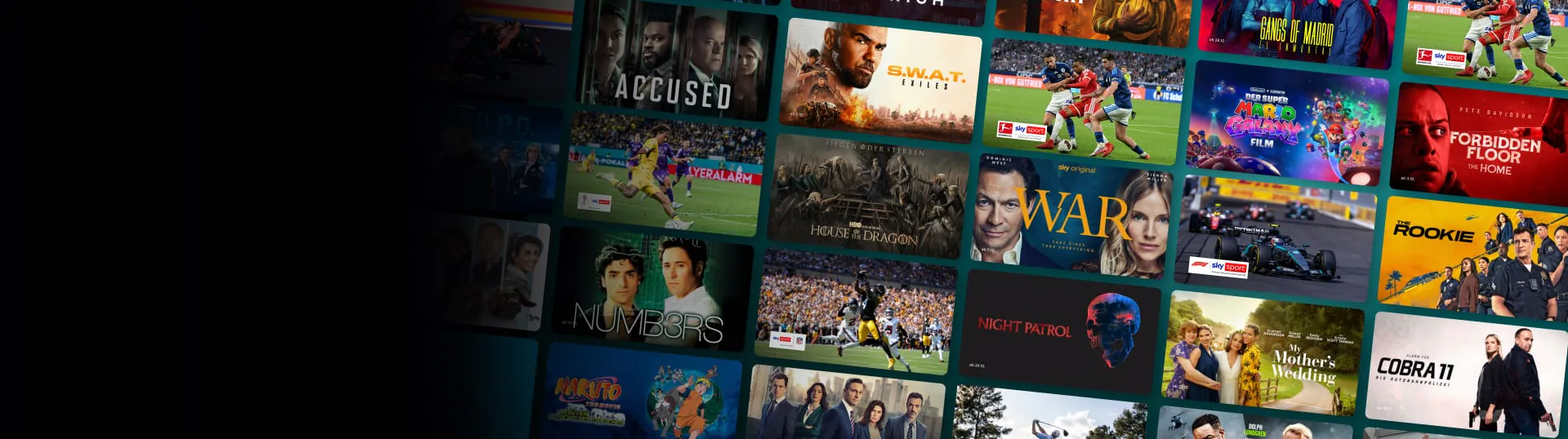 Abgebildet sind Bilder mit Motiven aus Fußballspielen, Formel-1-Rennen und Titelbilder verschiedener Filme und Serien.