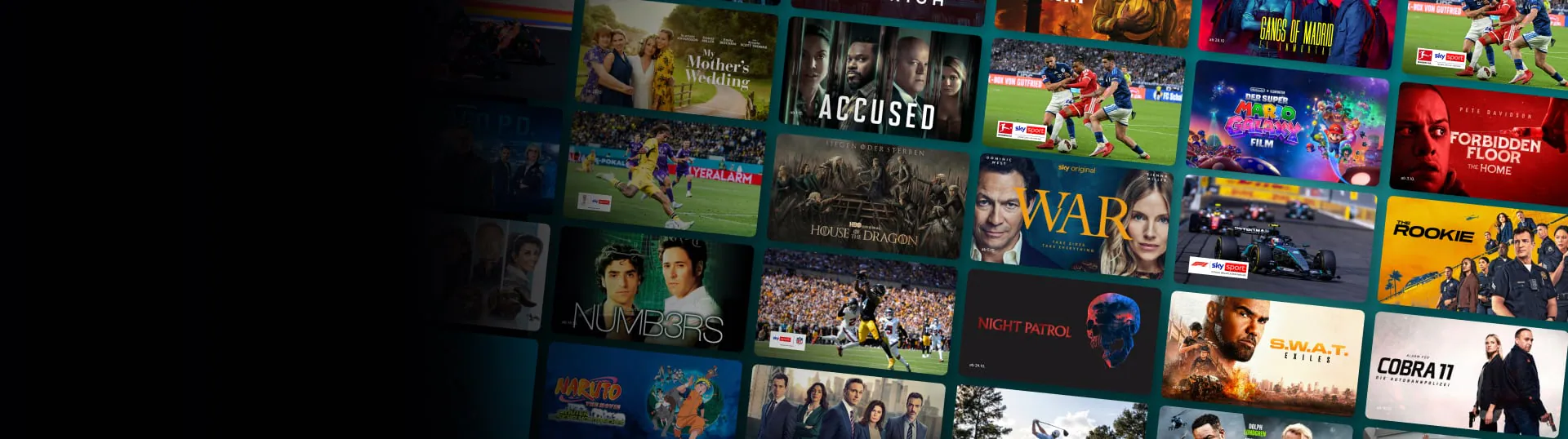Abgebildet sind Bilder mit Motiven aus Fußballspielen, Formel-1-Rennen und Titelbilder verschiedener Filme und Serien.