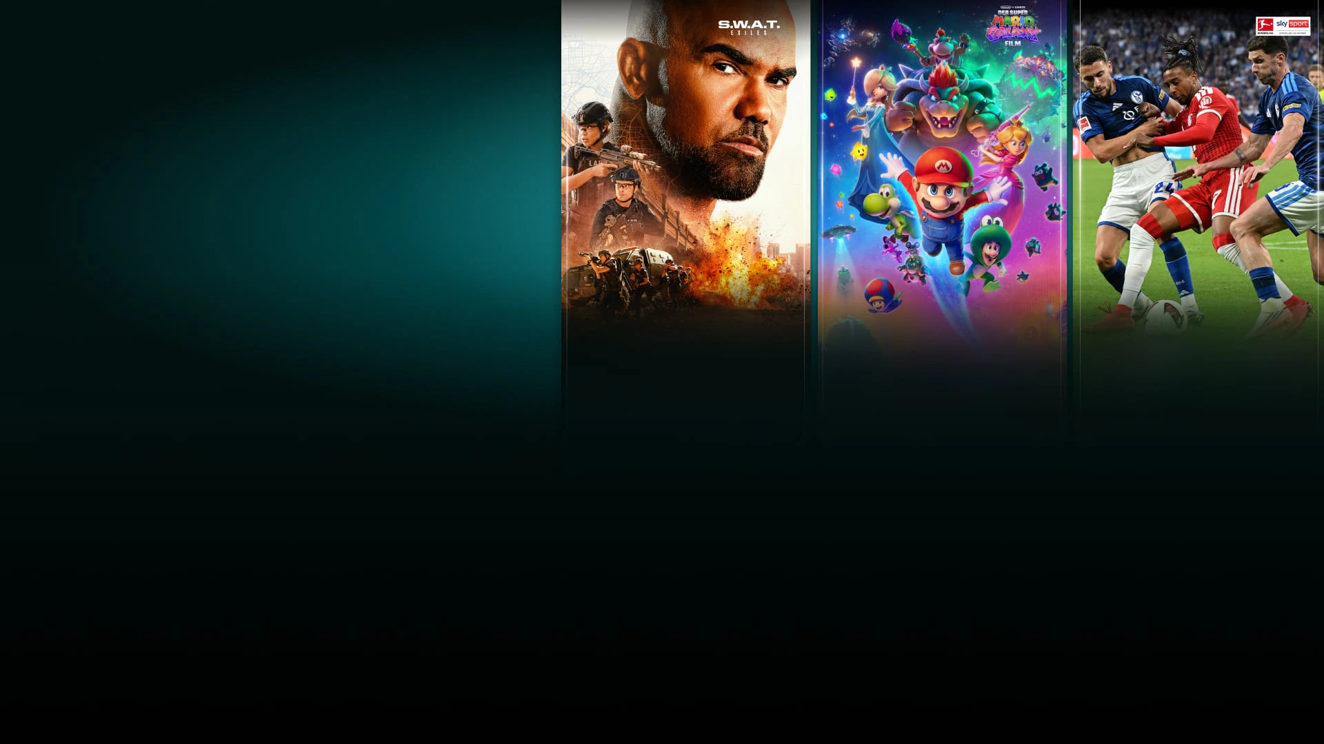 Die Grafik zeigt Titelbilder von verschiedenen Serien und Filmen sowie Szenen aus Fußballspielen. Die Grafik soll die Vielfalt des Programms von WOW widerspiegeln.