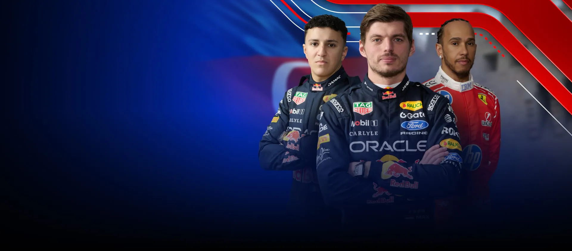 Formel 1 Fahrer von links nach rechts: Max Verstappen, Isack Hadjar und Lewis Hamilton