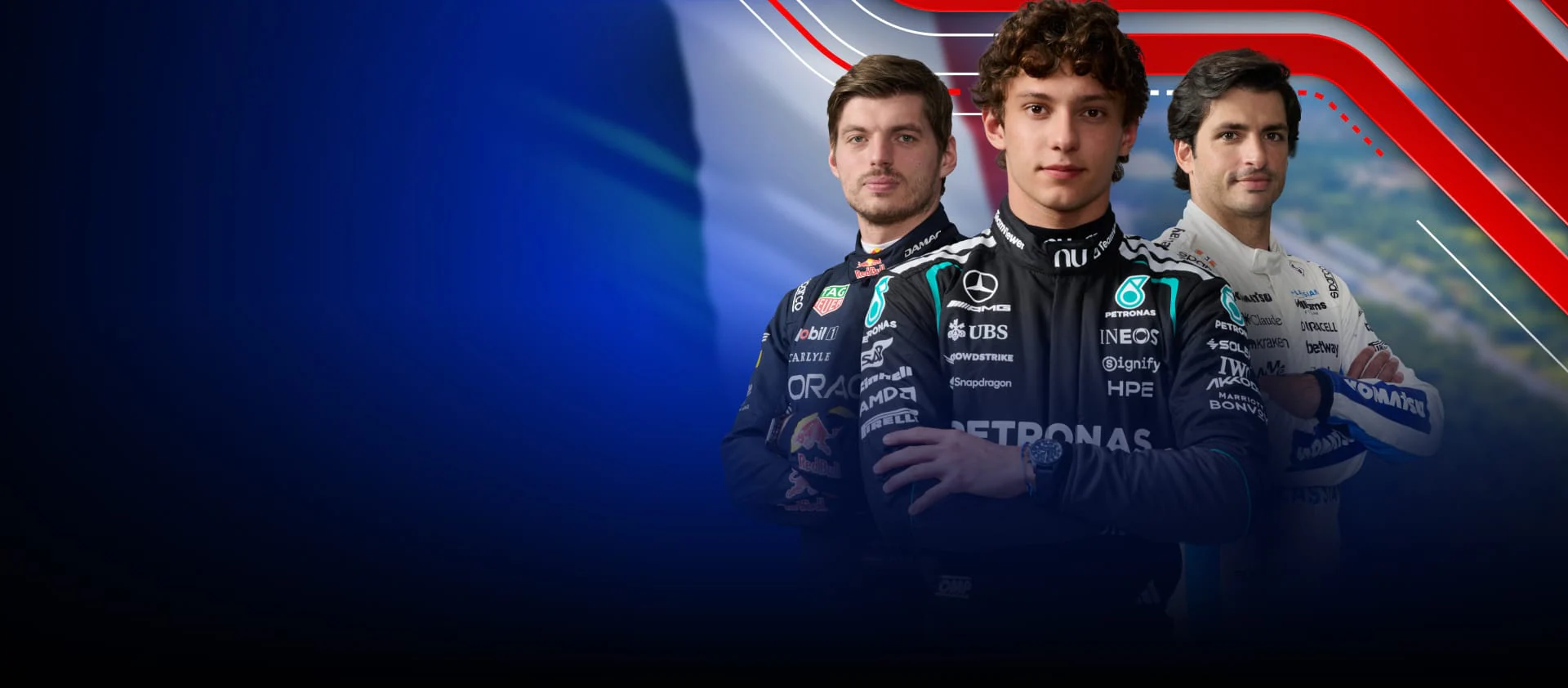 Formel 1 Fahrer von links nach rechts: Max Verstappen, Andrea Kimi Antonelli und Carlos Sainz
