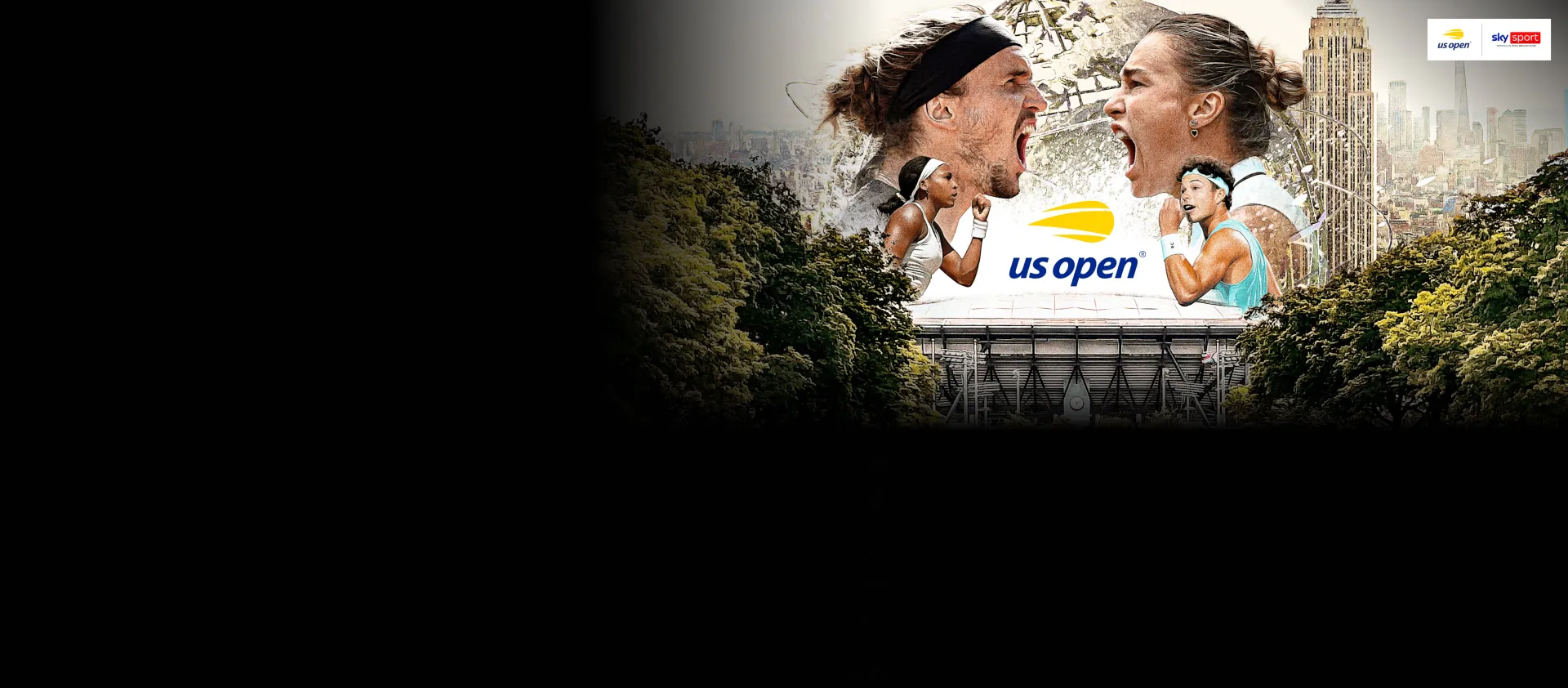 Kollage der US Open mit Alexander Zverev, Serena Williams und Aryna Sabalenka