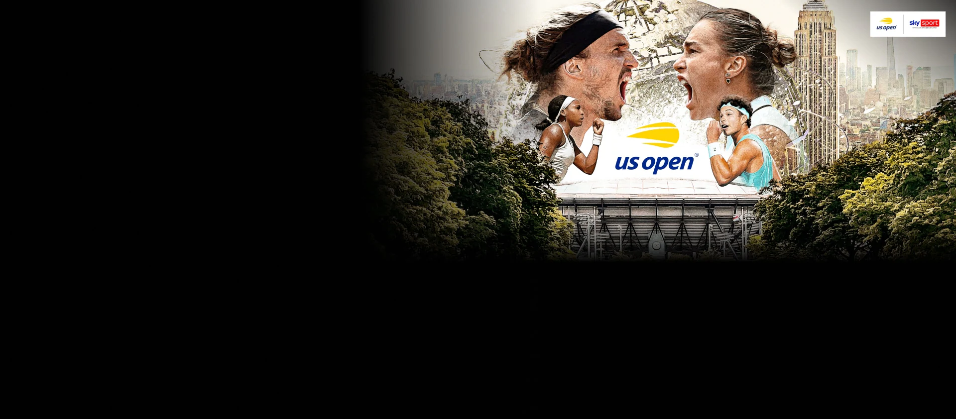 Kollage der US Open mit Alexander Zverev, Serena Williams und Aryna Sabalenka