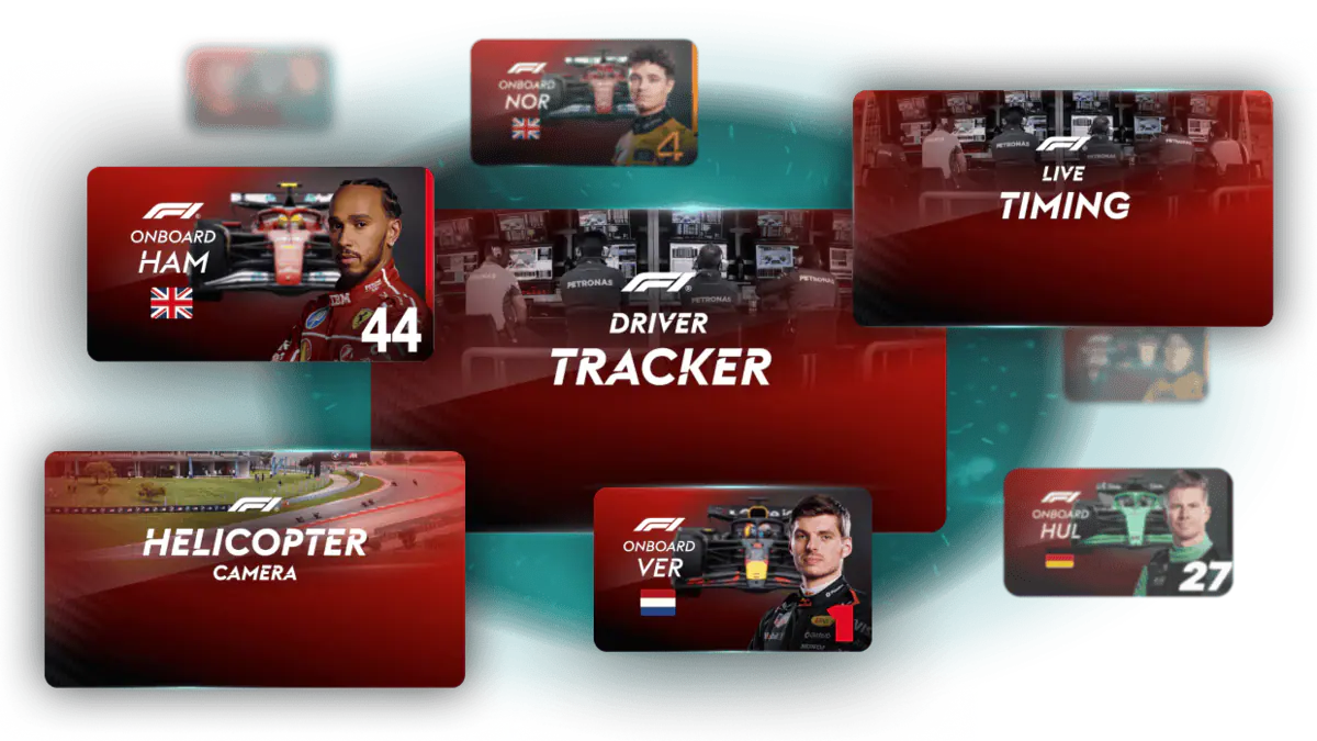 Mehrere Karten sind abgebildet. Sie verweisen stellvertretend auf die über 25 Zusatz-Streams bei allen Rennen der Formel 1, unter anderem Onboard-Mix, Race Battles, Team Radio und Onboard-Kameras ausgewählter Fahrer.
