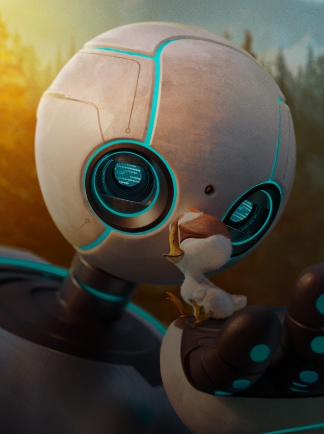 Robot holding a bird in the sun