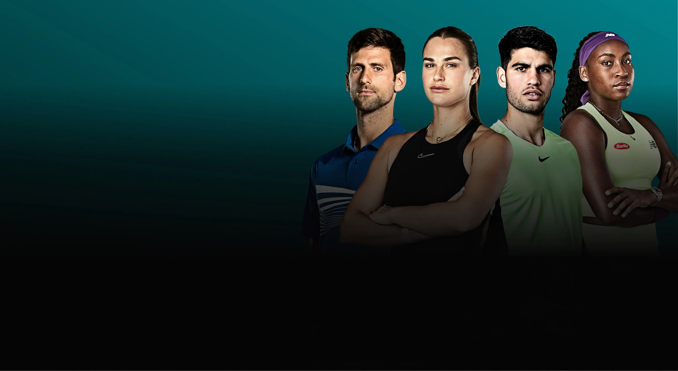 Tennis players Novak Djokovic, Aryna Sabalenka, Carlos Alcaraz, and Coco Gauff