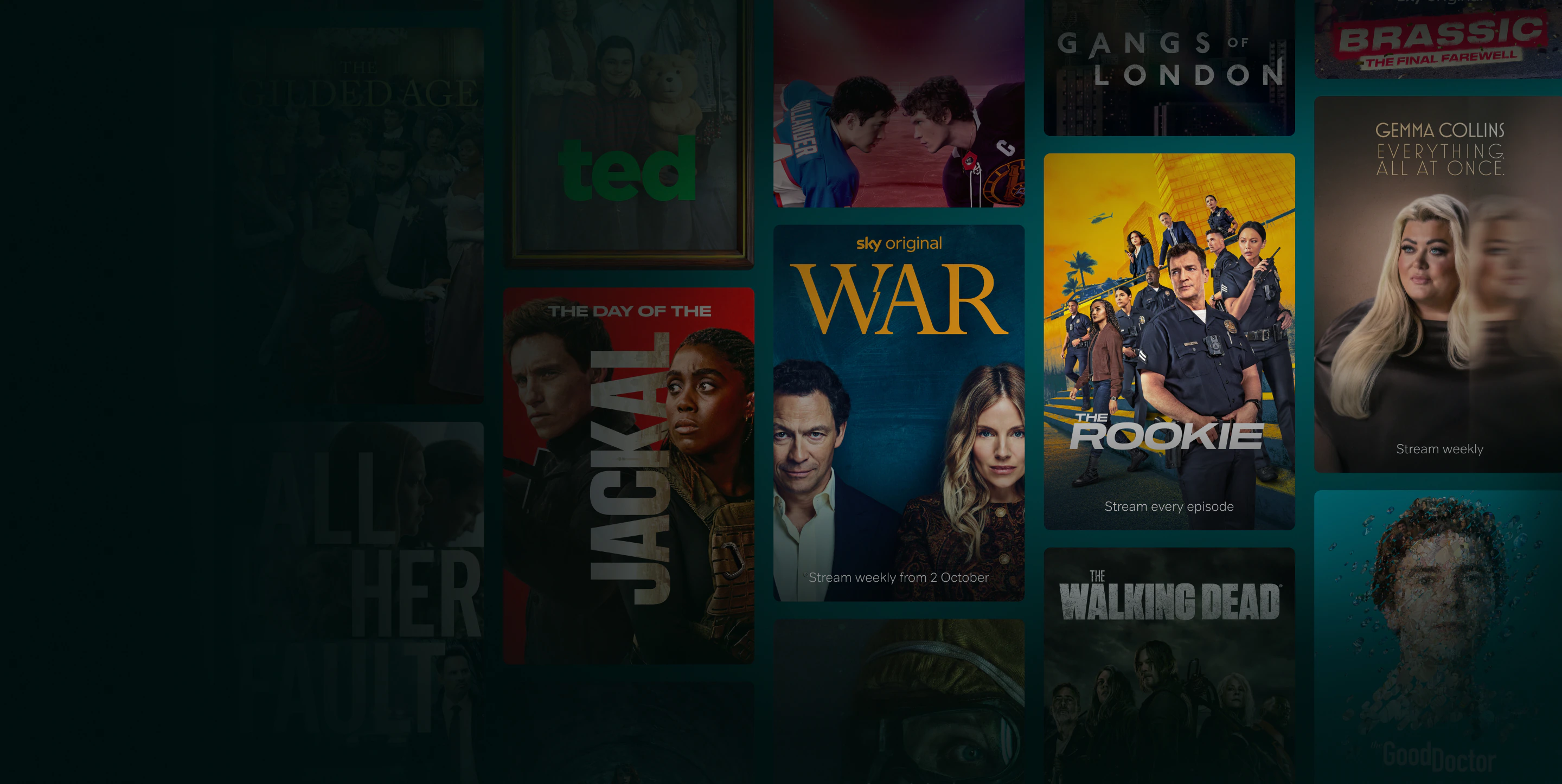 Stream WAR weekly from 2 October. Stream The Rookie. Stream Gemma Collins: Everything. All At Once weekly.