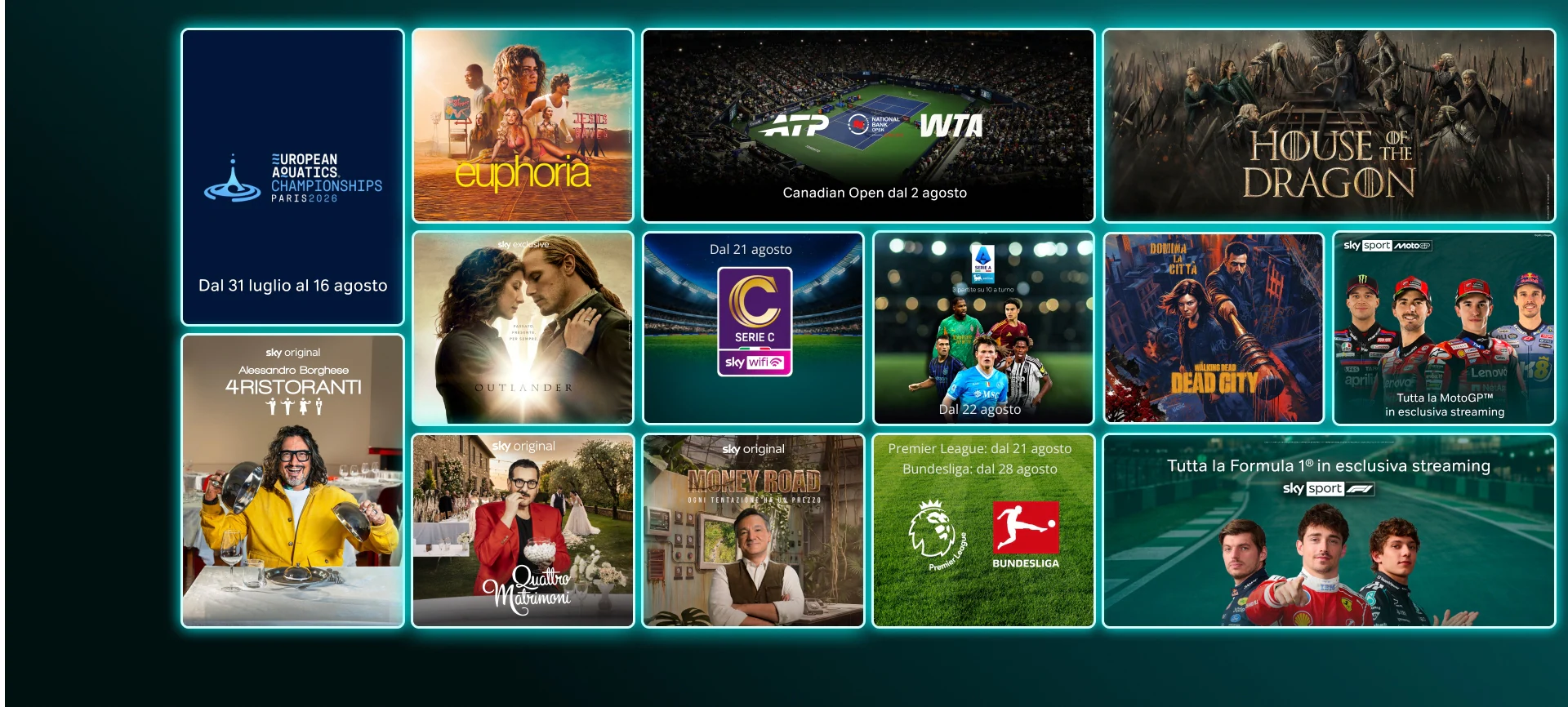 Mosaico di contenuti in streaming come The Last of Us stagione 2, And Just Like That stagione 3, Money Road, Roland Garros 2025, Formula 1 e finali Champions League e Conference League