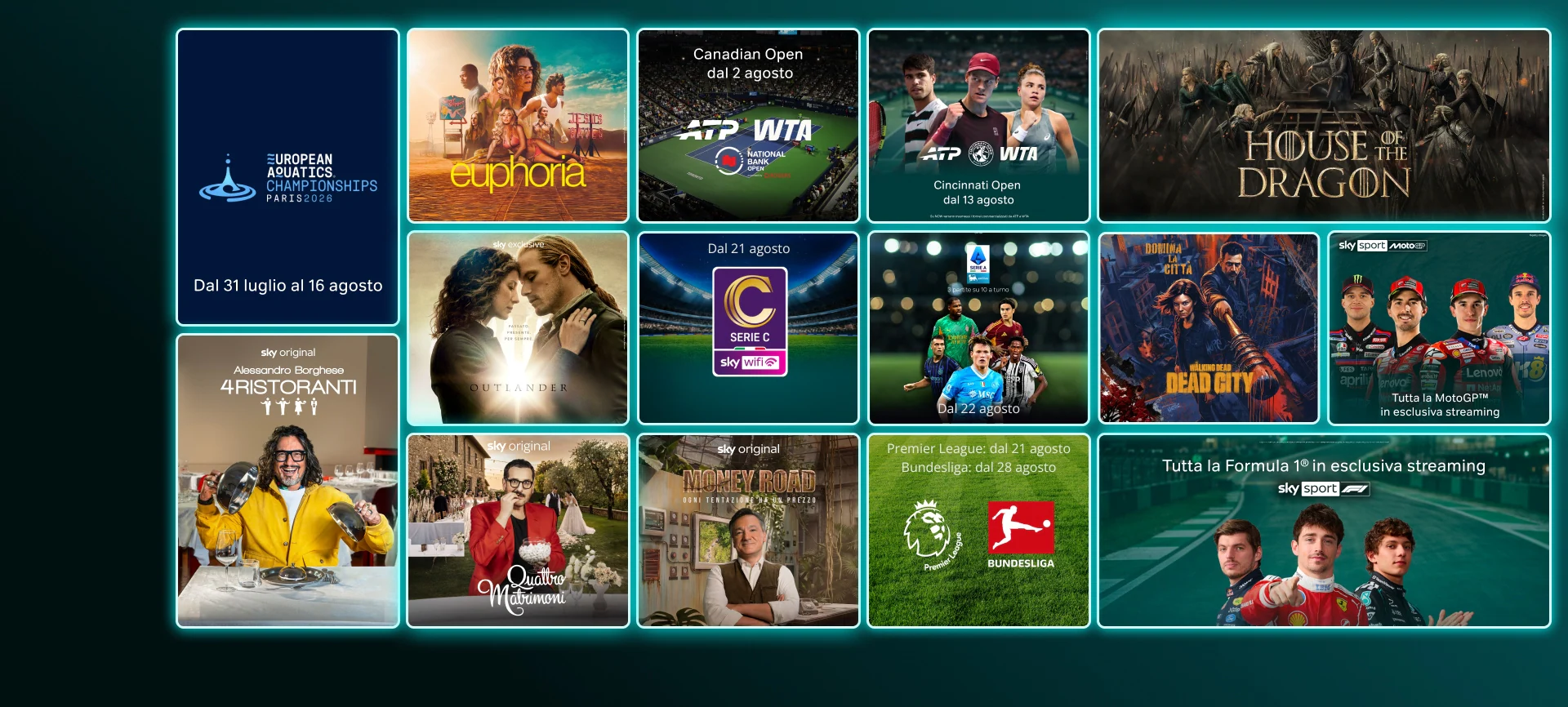 Mosaico di contenuti in streaming come The Last of Us stagione 2, And Just Like That stagione 3, Money Road, Roland Garros 2025, Formula 1 e finali Champions League e Conference League