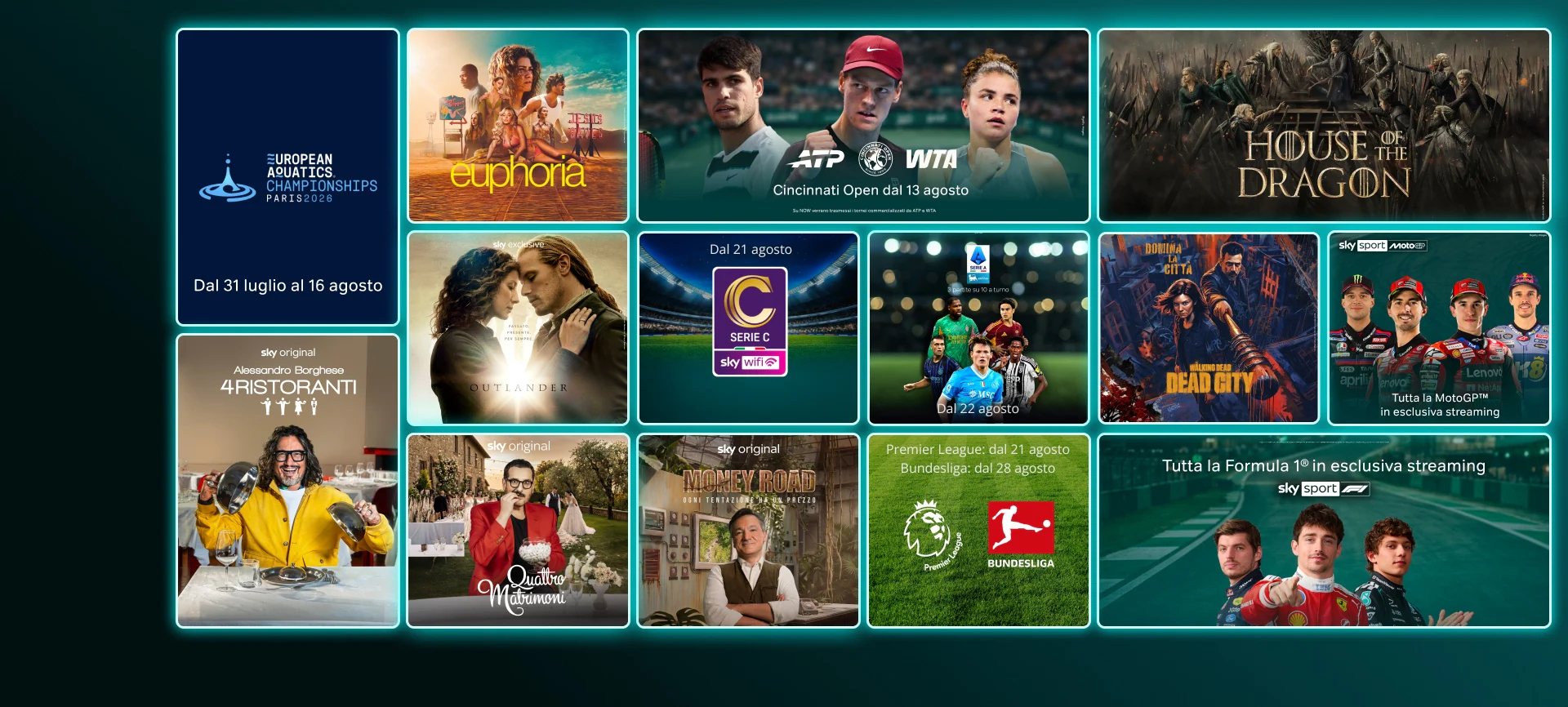 Mosaico di contenuti in streaming come The Last of Us stagione 2, And Just Like That stagione 3, Money Road, Roland Garros 2025, Formula 1 e finali Champions League e Conference League
