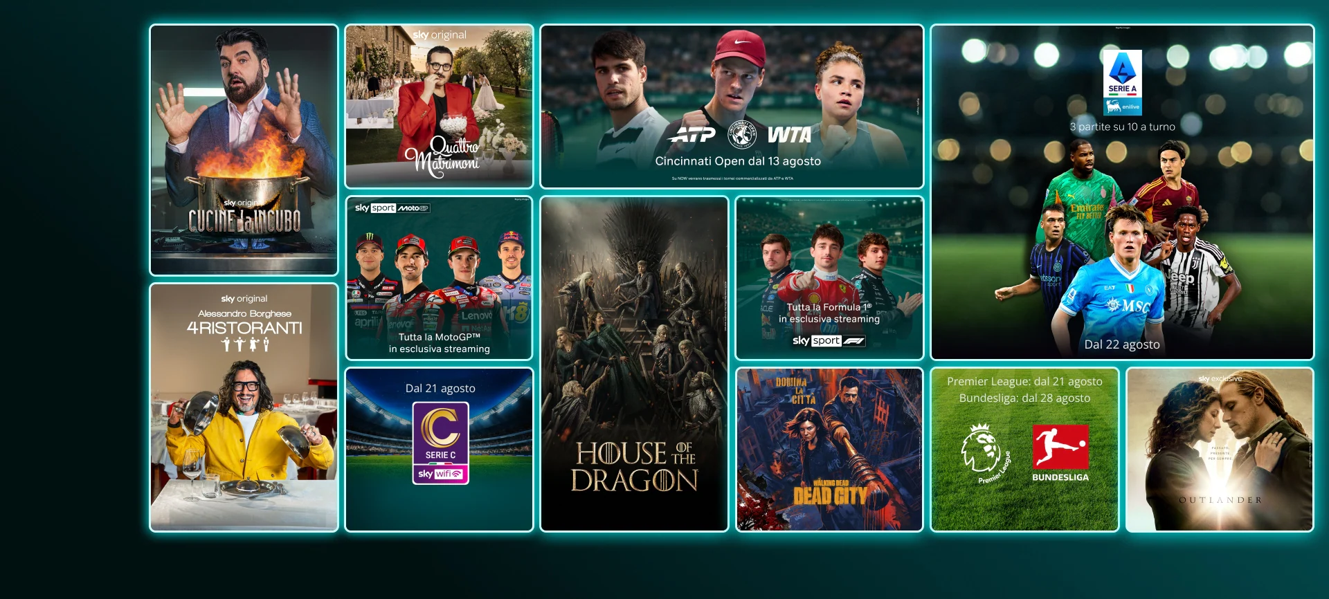 Mosaico di contenuti in streaming come The Last of Us stagione 2, And Just Like That stagione 3, Money Road, Roland Garros 2025, Formula 1 e finali Champions League e Conference League