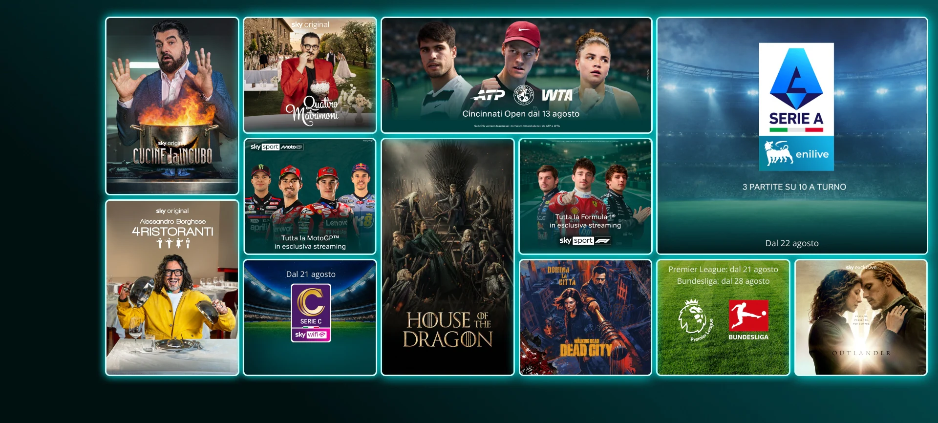 Mosaico di contenuti in streaming come The Last of Us stagione 2, And Just Like That stagione 3, Money Road, Roland Garros 2025, Formula 1 e finali Champions League e Conference League