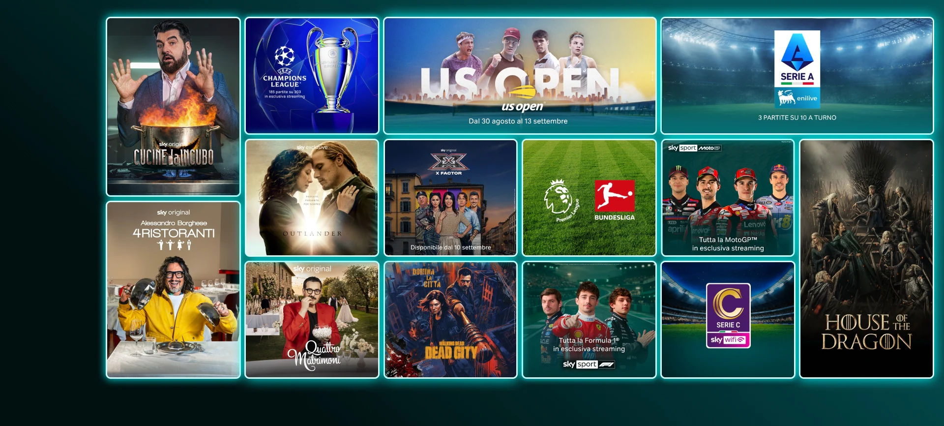 Mosaico di contenuti in streaming come The Last of Us stagione 2, And Just Like That stagione 3, Money Road, Roland Garros 2025, Formula 1 e finali Champions League e Conference League