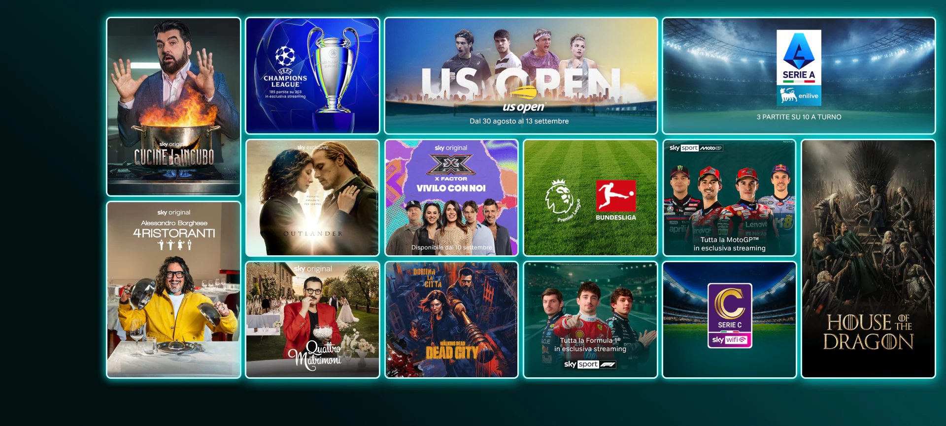 Mosaico di contenuti in streaming come The Last of Us stagione 2, And Just Like That stagione 3, Money Road, Roland Garros 2025, Formula 1 e finali Champions League e Conference League