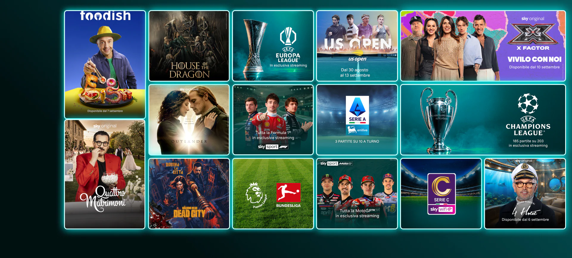 Mosaico di contenuti in streaming come The Last of Us stagione 2, And Just Like That stagione 3, Money Road, Roland Garros 2025, Formula 1 e finali Champions League e Conference League