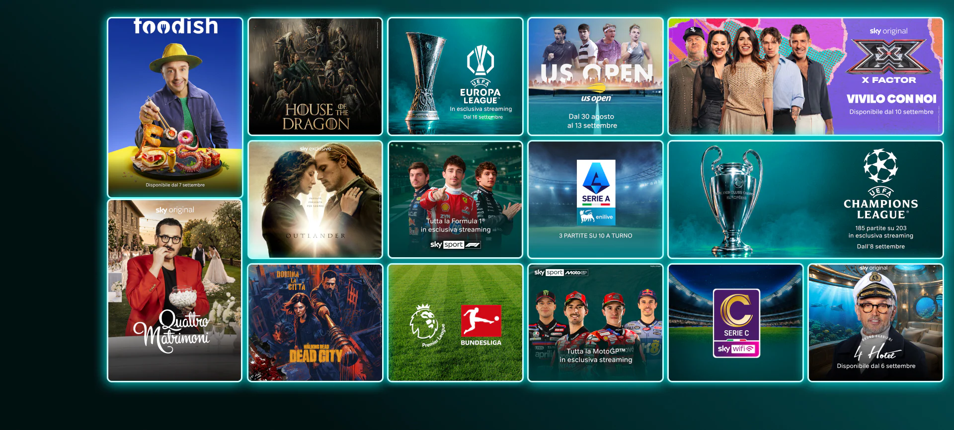 Mosaico di contenuti in streaming come The Last of Us stagione 2, And Just Like That stagione 3, Money Road, Roland Garros 2025, Formula 1 e finali Champions League e Conference League