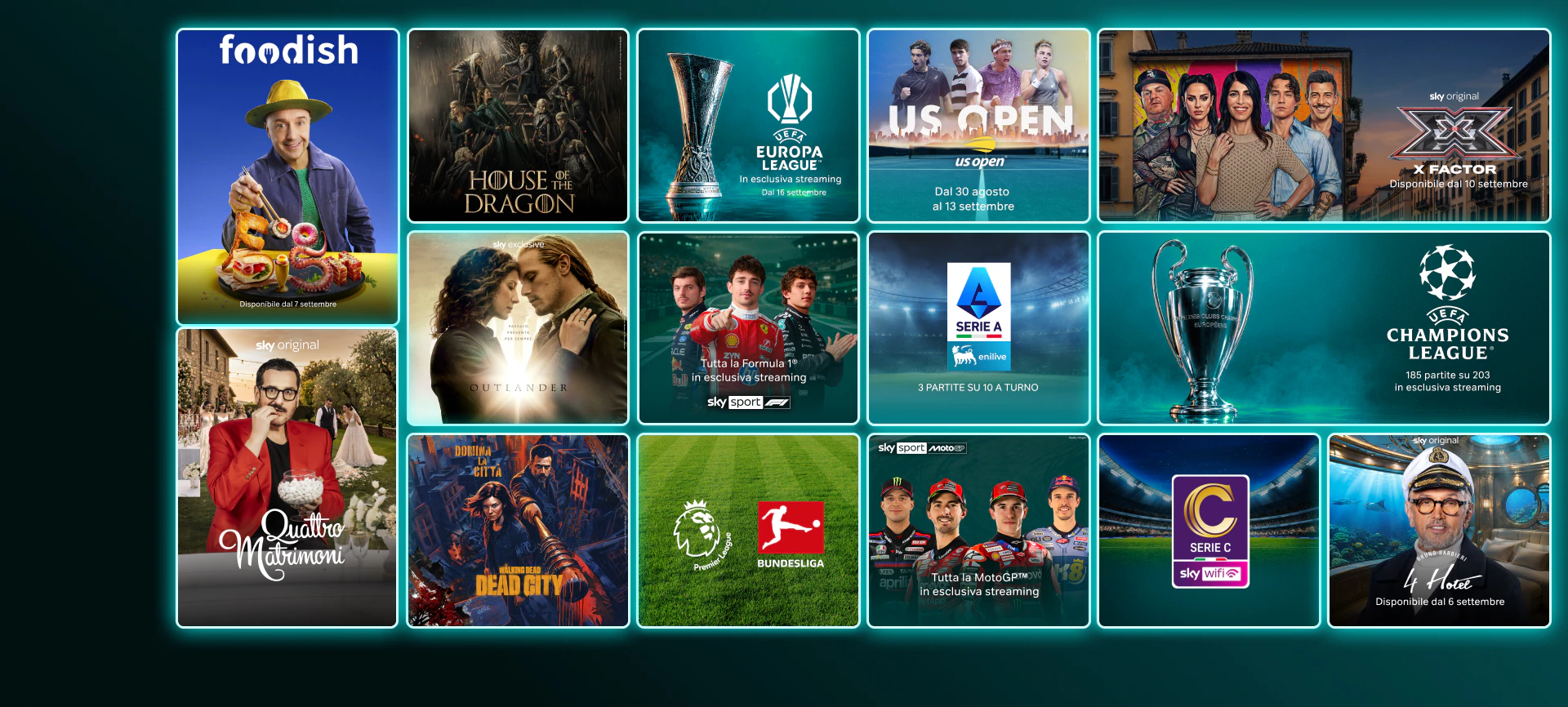 Mosaico di contenuti in streaming come The Last of Us stagione 2, And Just Like That stagione 3, Money Road, Roland Garros 2025, Formula 1 e finali Champions League e Conference League