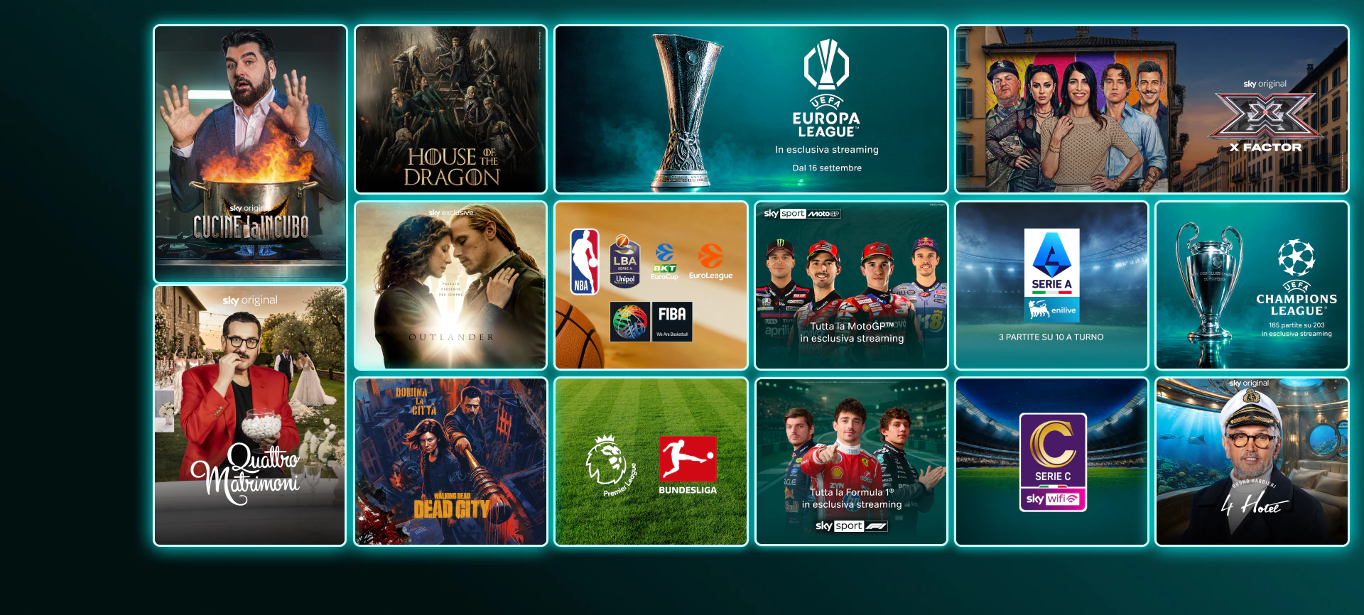 Mosaico di contenuti in streaming come The Last of Us stagione 2, And Just Like That stagione 3, Money Road, Roland Garros 2025, Formula 1 e finali Champions League e Conference League