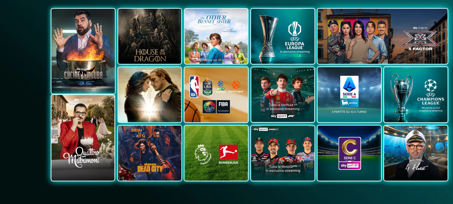 Mosaico di contenuti in streaming come The Last of Us stagione 2, And Just Like That stagione 3, Money Road, Roland Garros 2025, Formula 1 e finali Champions League e Conference League