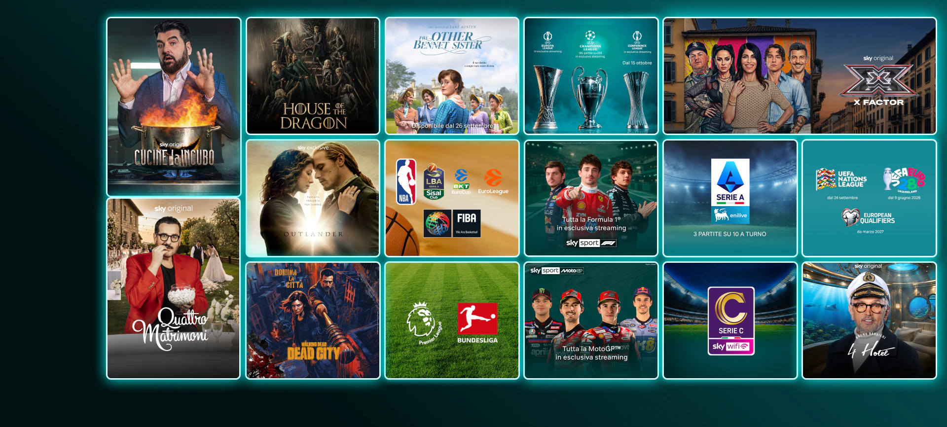 Mosaico di contenuti in streaming come The Last of Us stagione 2, And Just Like That stagione 3, Money Road, Roland Garros 2025, Formula 1 e finali Champions League e Conference League