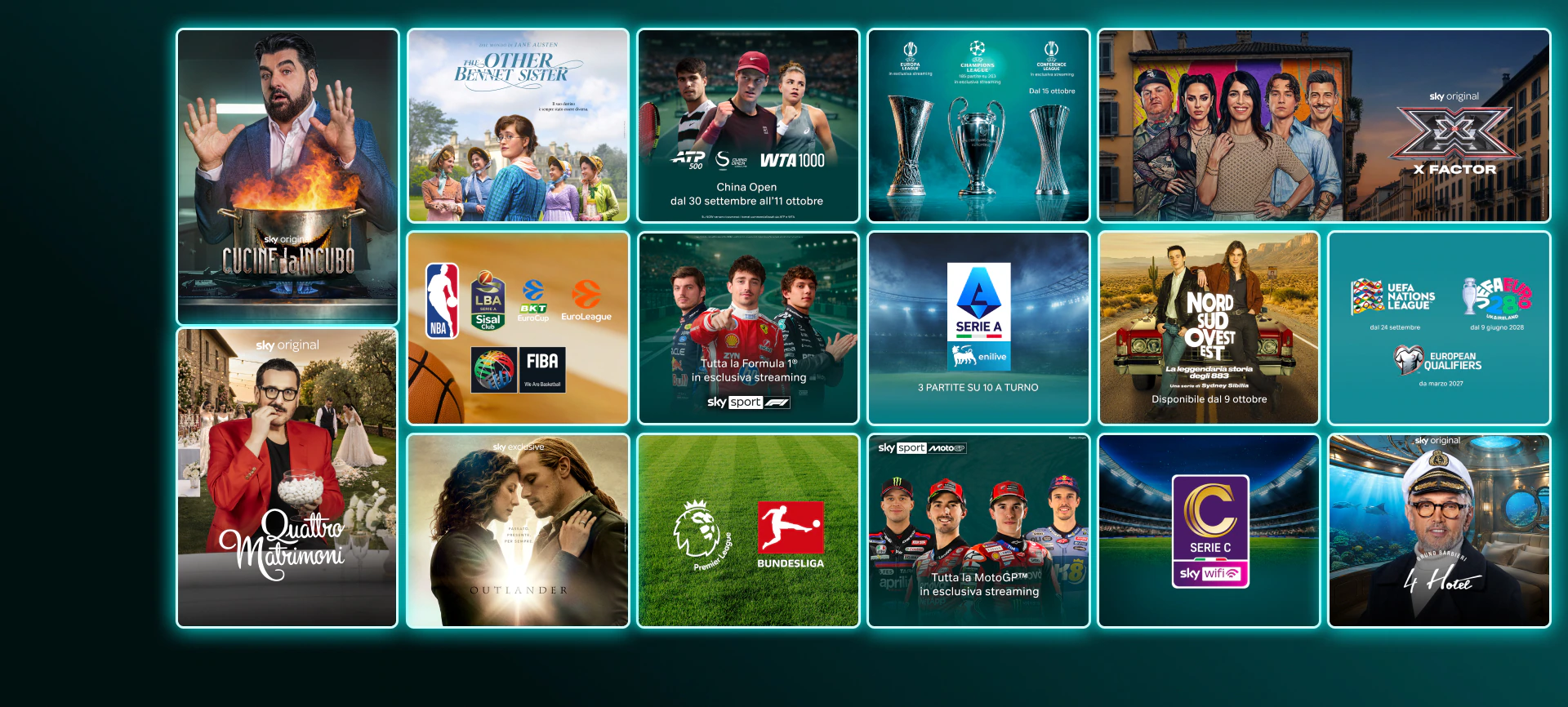 Mosaico di contenuti in streaming come The Last of Us stagione 2, And Just Like That stagione 3, Money Road, Roland Garros 2025, Formula 1 e finali Champions League e Conference League
