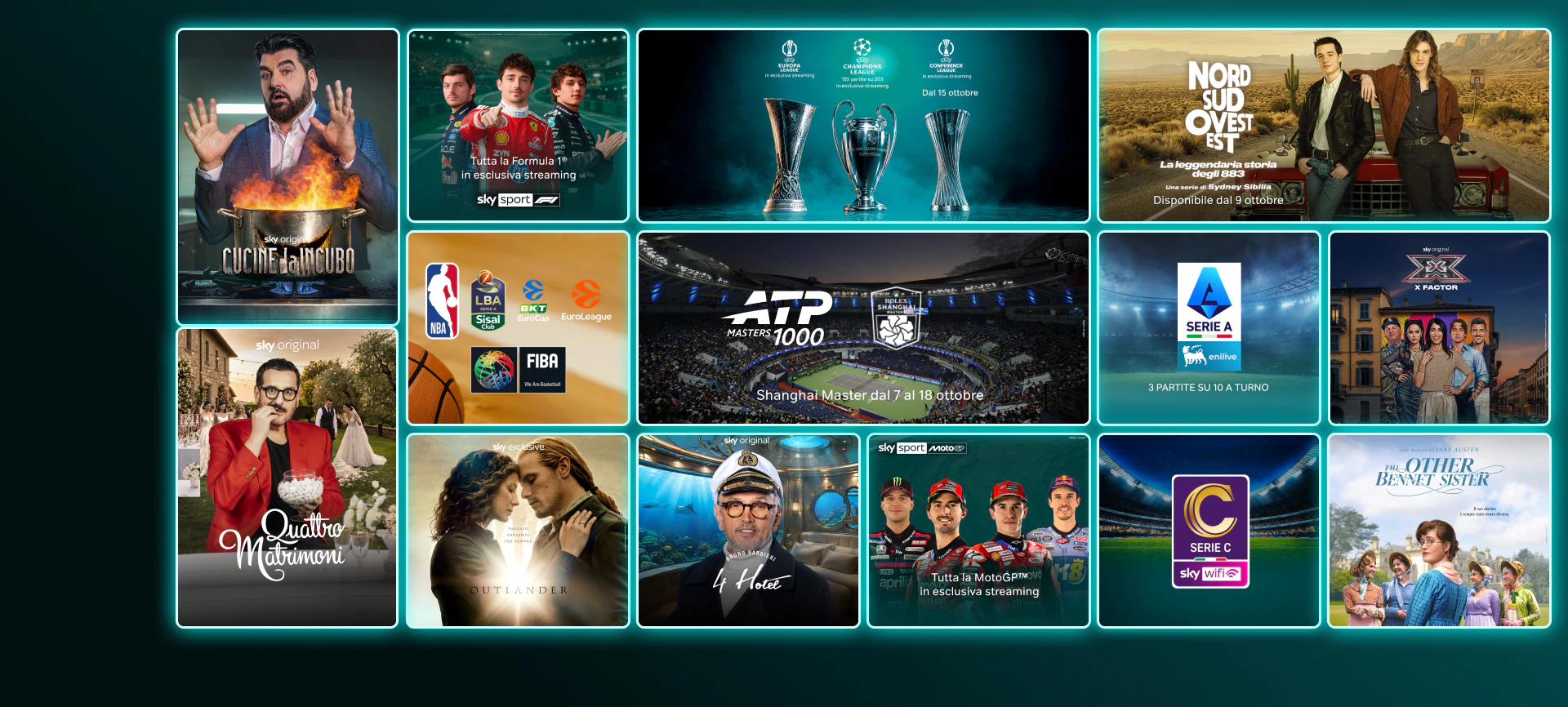 Mosaico di contenuti in streaming come The Last of Us stagione 2, And Just Like That stagione 3, Money Road, Roland Garros 2025, Formula 1 e finali Champions League e Conference League