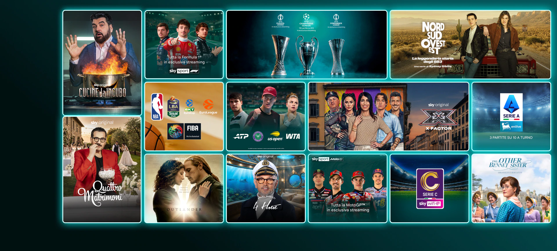 Mosaico di contenuti in streaming come The Last of Us stagione 2, And Just Like That stagione 3, Money Road, Roland Garros 2025, Formula 1 e finali Champions League e Conference League