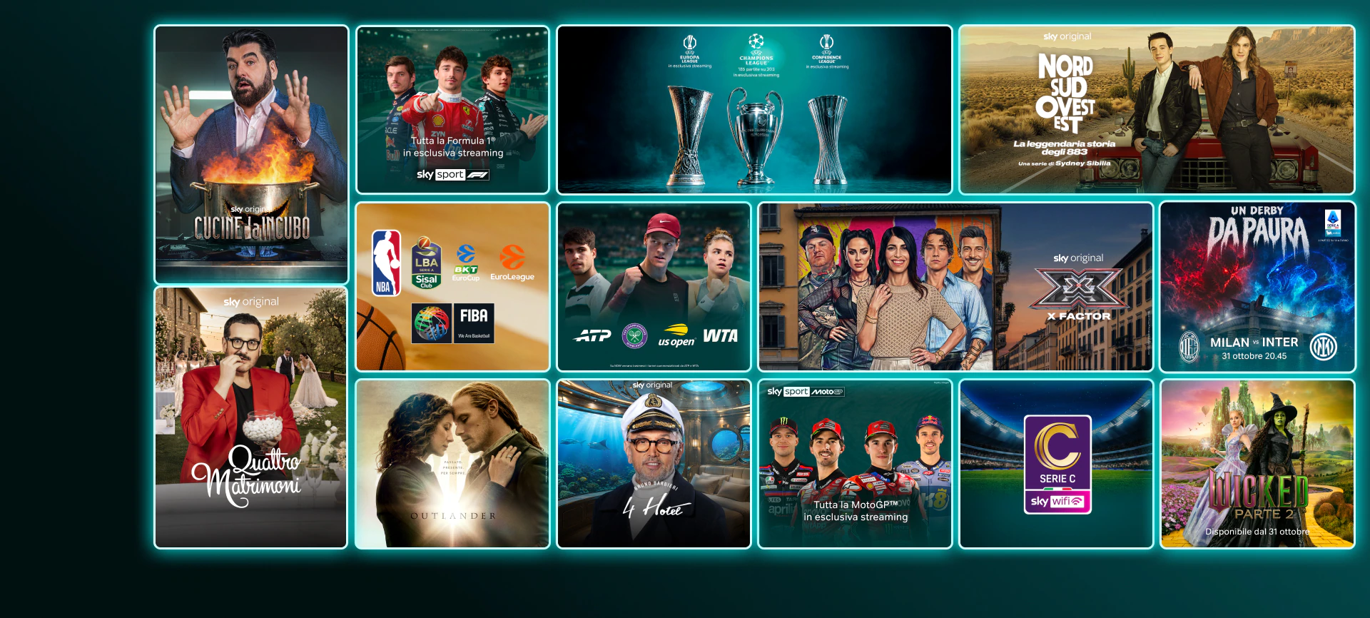 Mosaico di contenuti in streaming come The Last of Us stagione 2, And Just Like That stagione 3, Money Road, Roland Garros 2025, Formula 1 e finali Champions League e Conference League