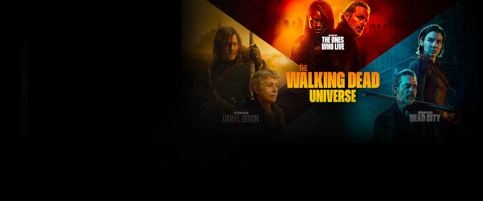 Mosaico di personaggi principali di The Walking Dead – tra cui Rick Grimes con cappello da sceriffo – con il logo ufficiale della serie in sovrimpressione su sfondo fumoso