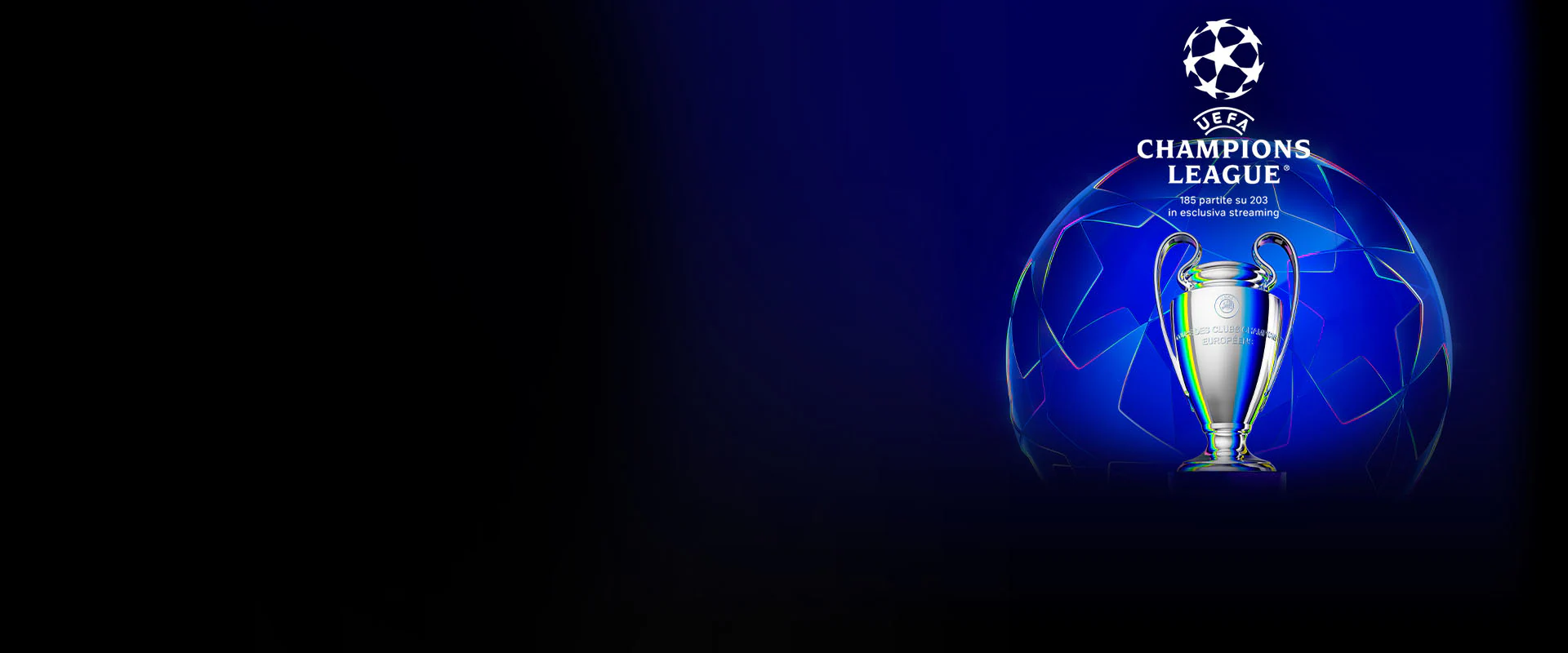 Logo Uefa Champions League 105 partite su 203 in esclusiva streaming. Finale Champions 31 maggio 2025