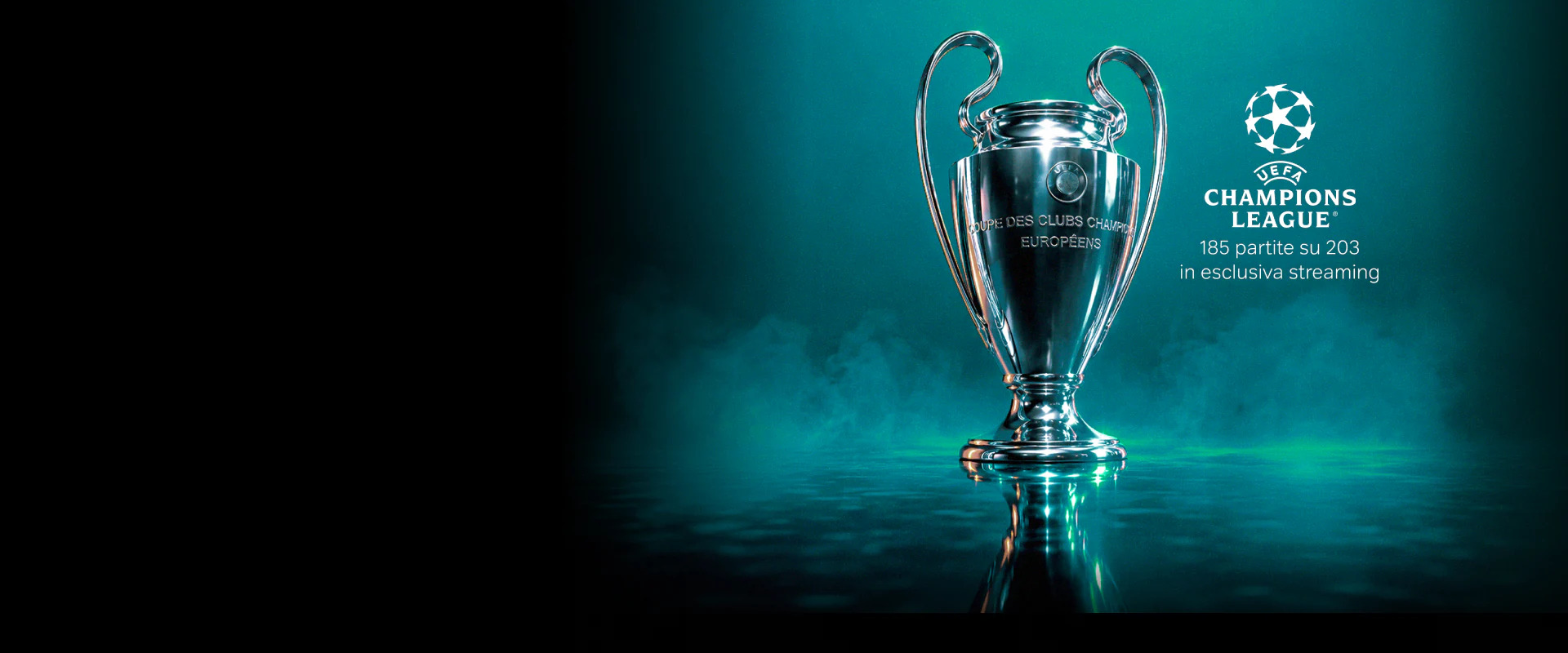 Logo Uefa Champions League 105 partite su 203 in esclusiva streaming. Finale Champions 31 maggio 2025