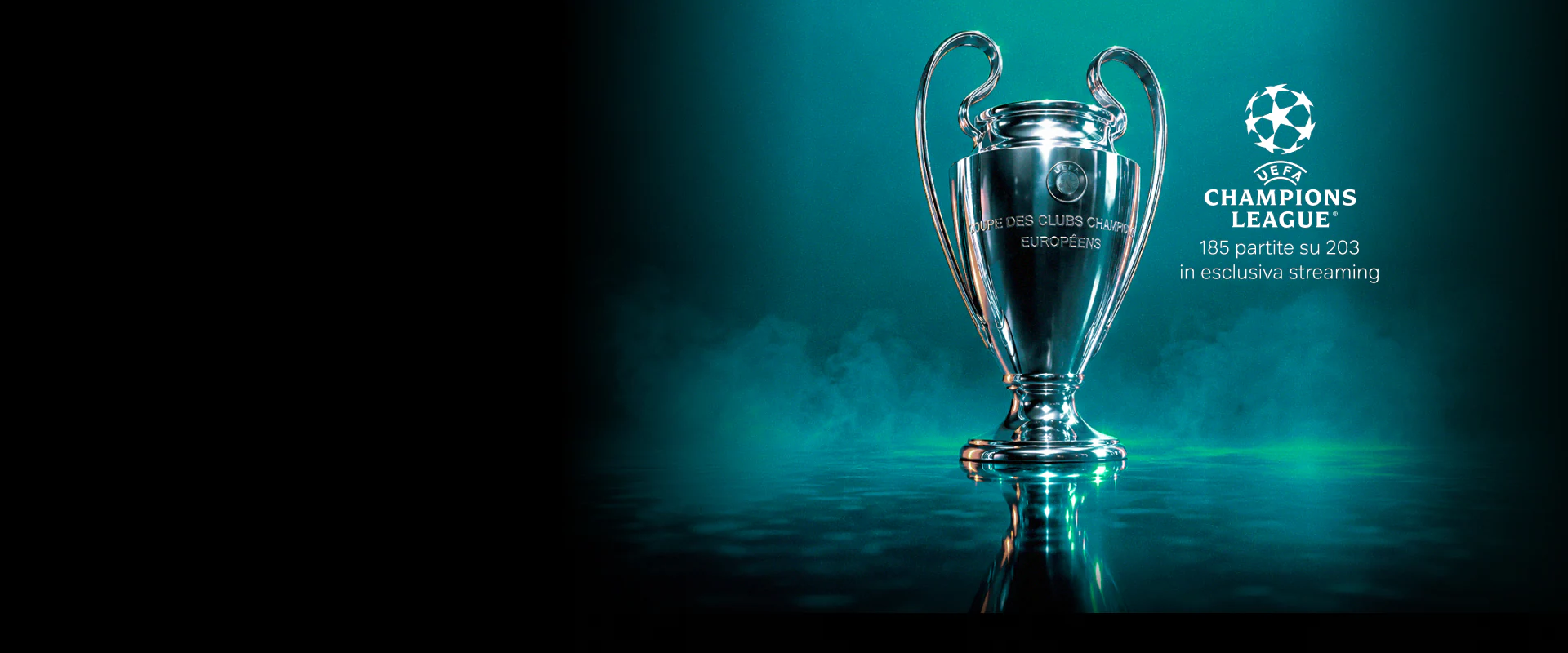 Logo Uefa Champions League 105 partite su 203 in esclusiva streaming. Finale Champions 31 maggio 2025