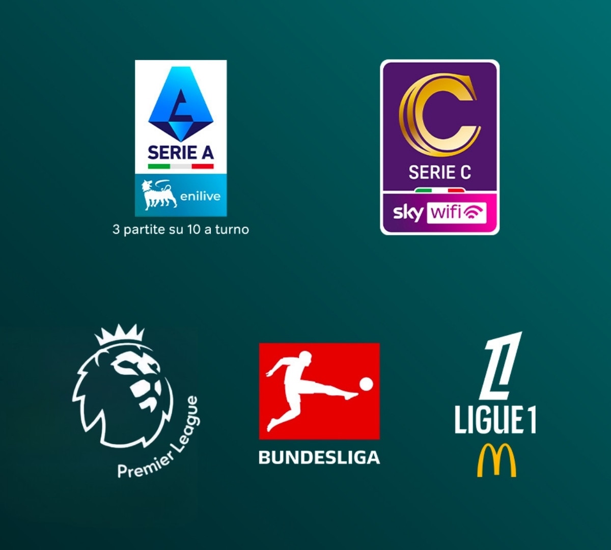 Campionati nazionali come Serie A Enilive, Serie C NOW, Premier League e Bundesliga