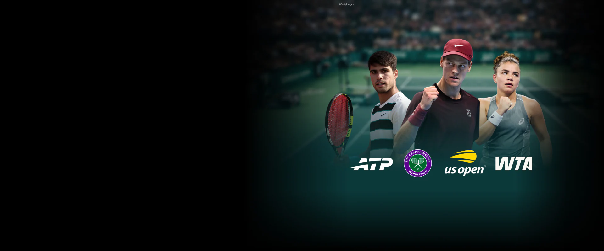 Immagine promozionale NOW Tennis con tre tennisti professionisti e loghi ATP e WTA