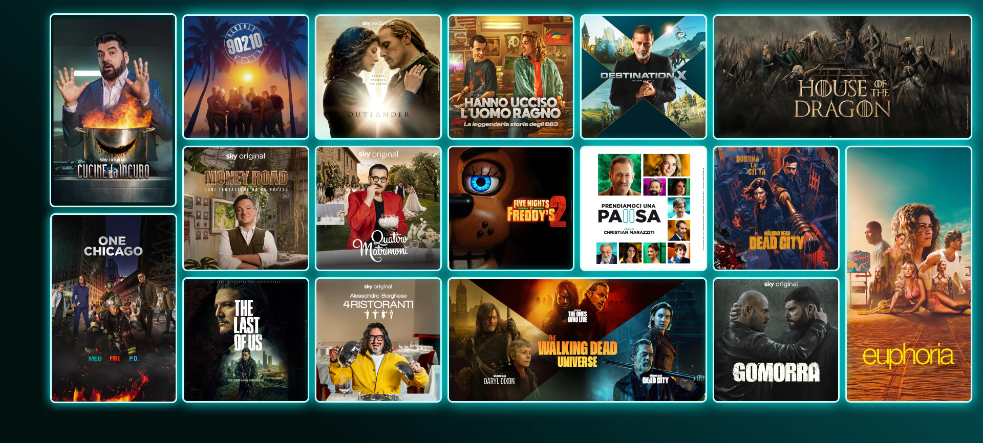 Mosaico di locandine di serie TV e film su NOW: The Last of Us (stagione 2), Money Road, And Just Like That (stagione 3), Gomorra, Gialappa’s Show, The White Lotus 3