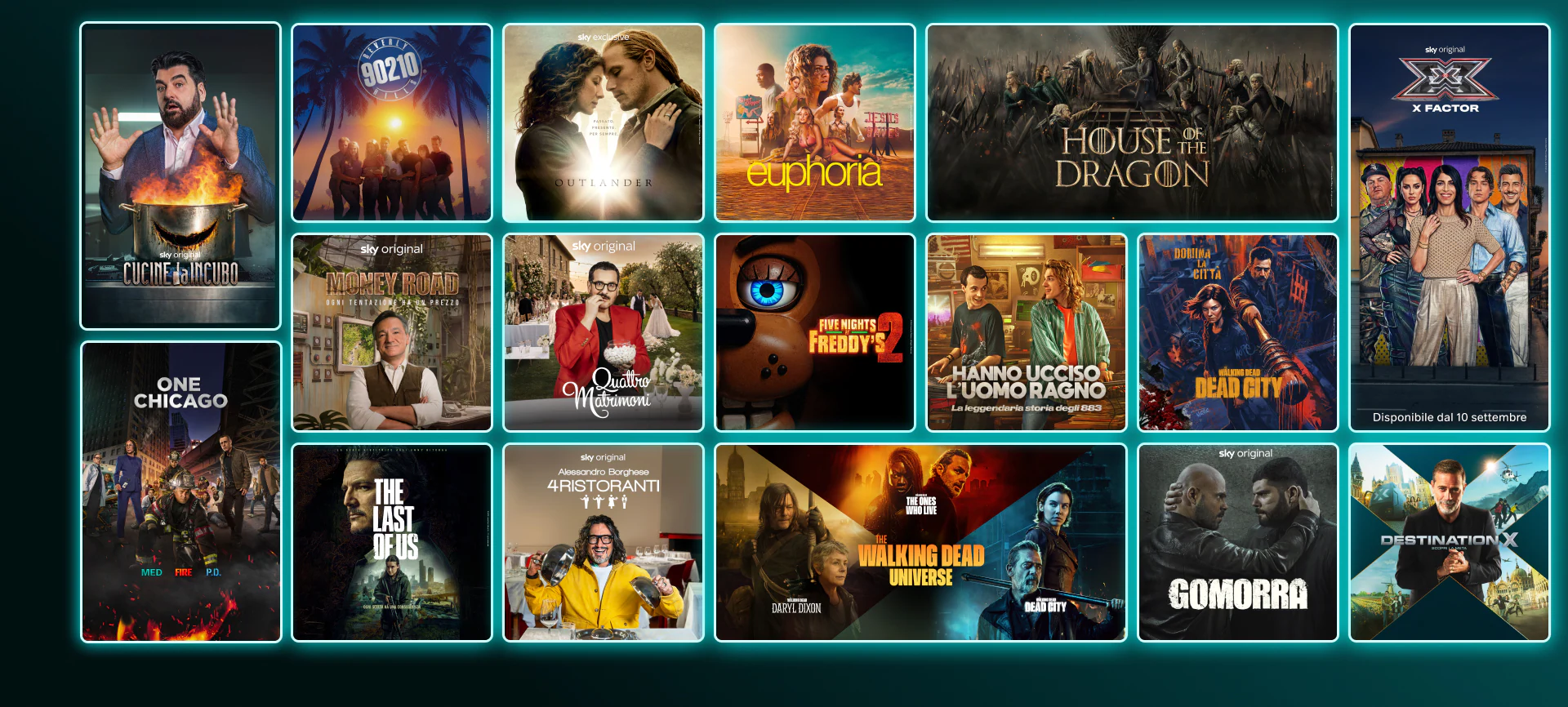 Mosaico di locandine di serie TV e film su NOW: The Last of Us (stagione 2), Money Road, And Just Like That (stagione 3), Gomorra, Gialappa’s Show, The White Lotus 3