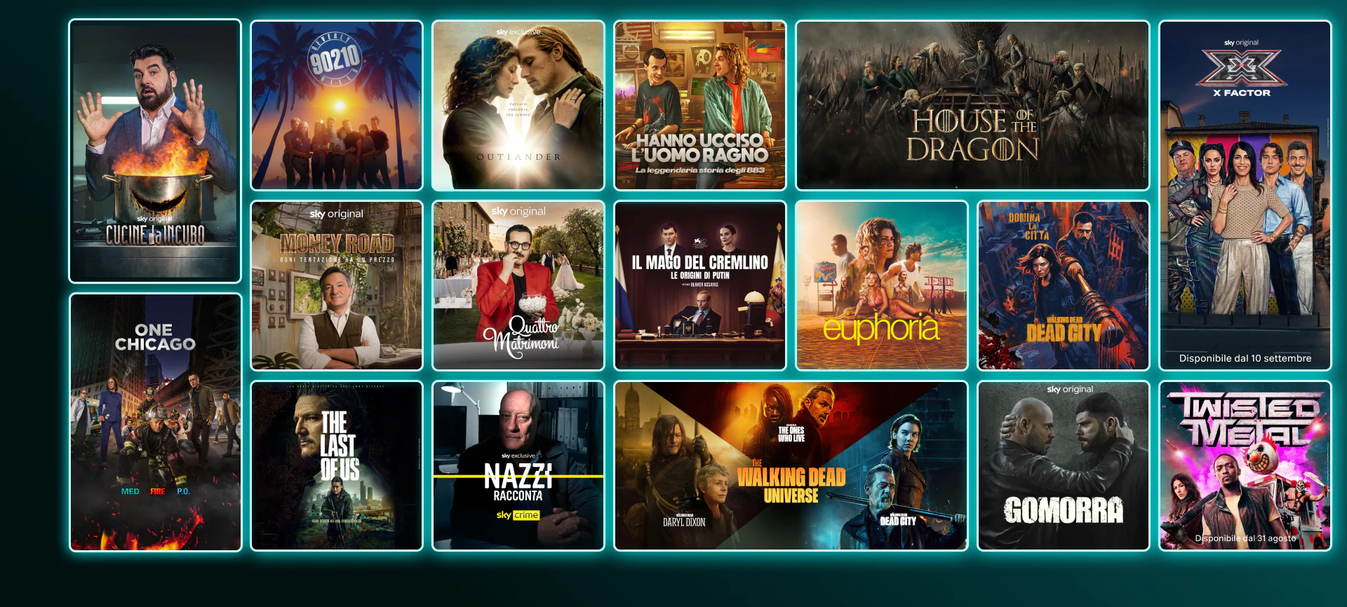 Mosaico di locandine di serie TV e film su NOW: The Last of Us (stagione 2), Money Road, And Just Like That (stagione 3), Gomorra, Gialappa’s Show, The White Lotus 3