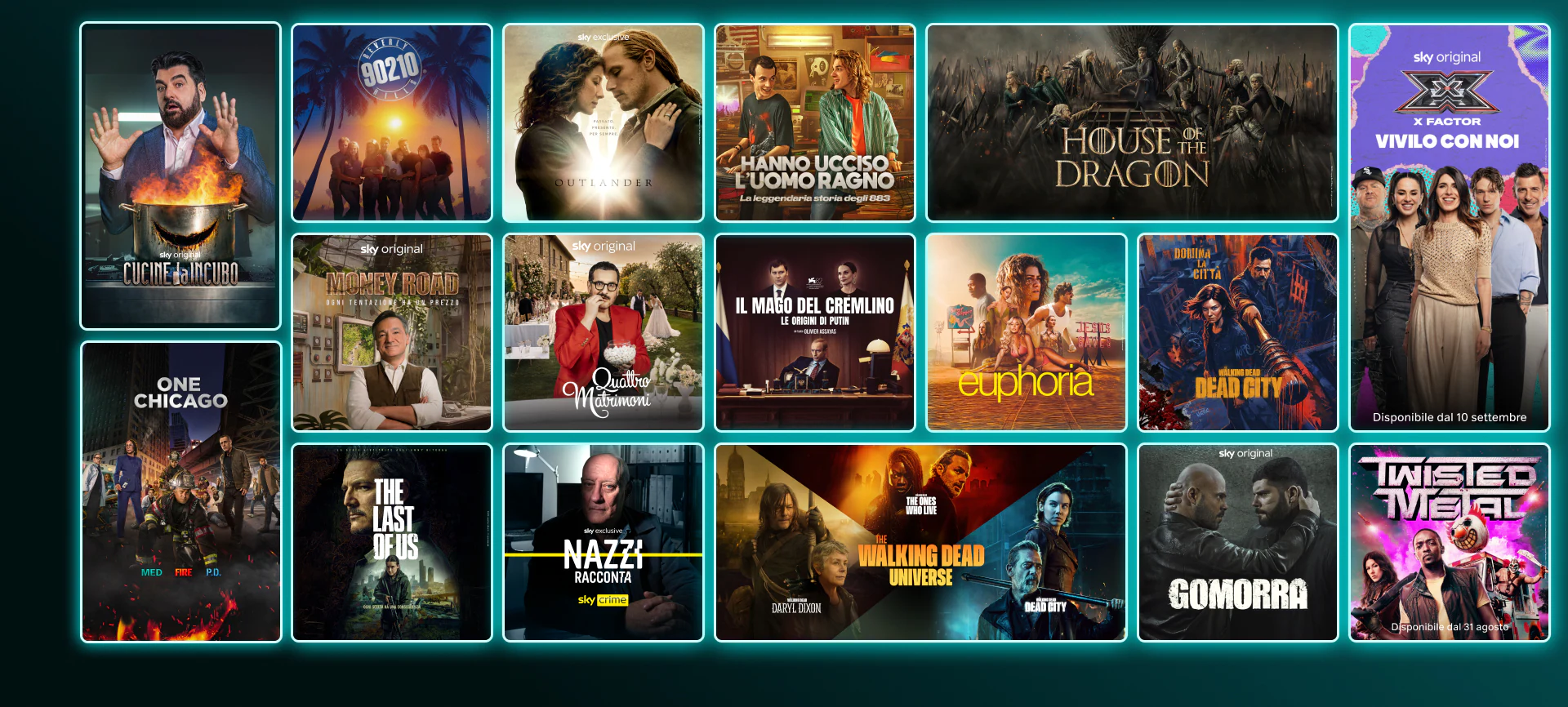 Mosaico di locandine di serie TV e film su NOW: The Last of Us (stagione 2), Money Road, And Just Like That (stagione 3), Gomorra, Gialappa’s Show, The White Lotus 3