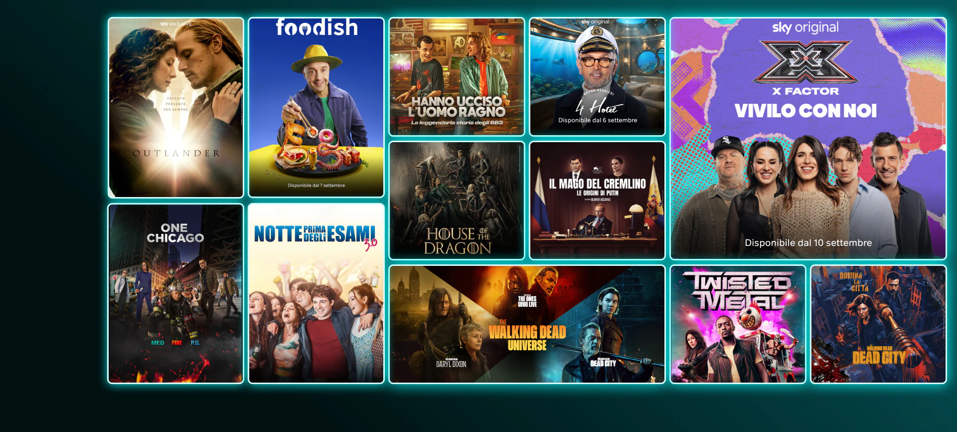 Mosaico di locandine di serie TV e film su NOW: The Last of Us (stagione 2), Money Road, And Just Like That (stagione 3), Gomorra, Gialappa’s Show, The White Lotus 3