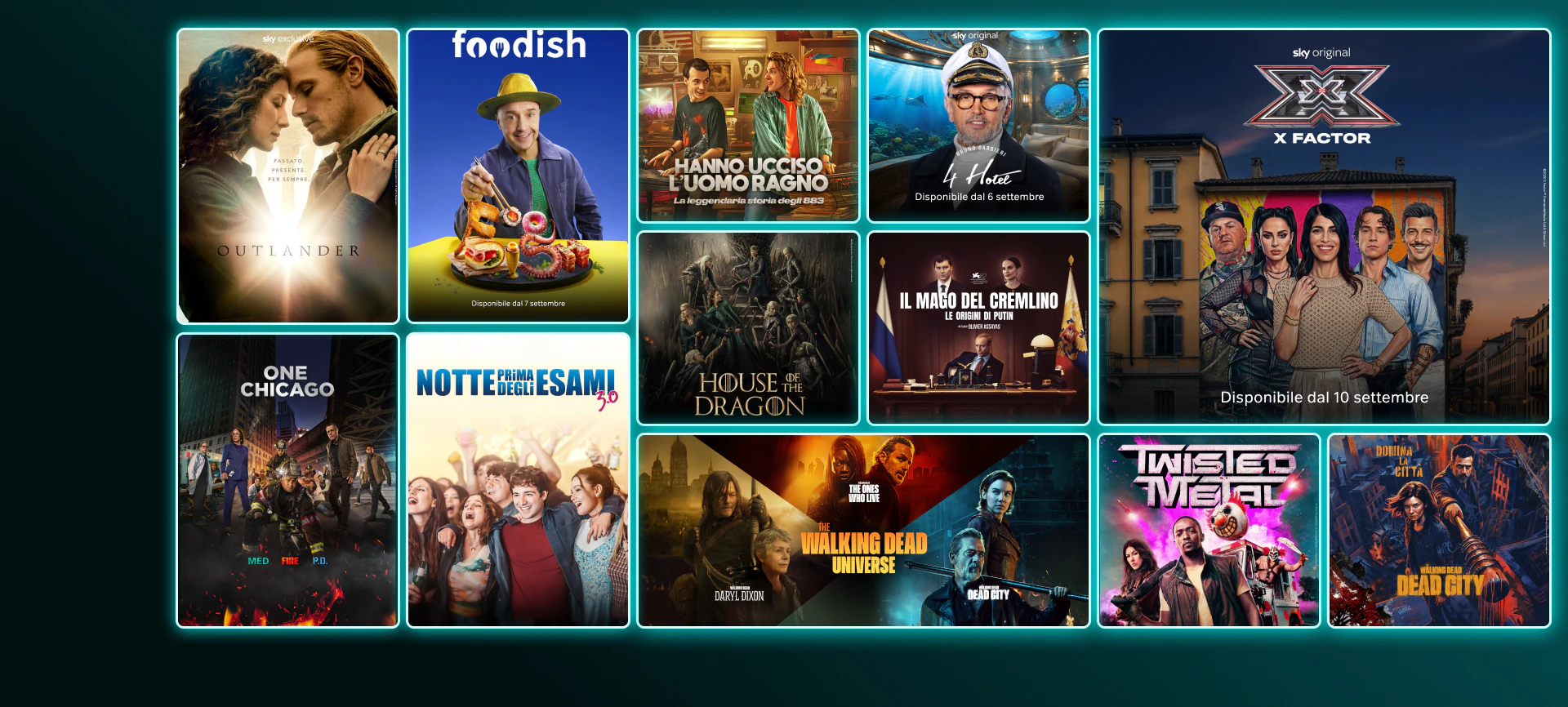 Mosaico di locandine di serie TV e film su NOW: The Last of Us (stagione 2), Money Road, And Just Like That (stagione 3), Gomorra, Gialappa’s Show, The White Lotus 3