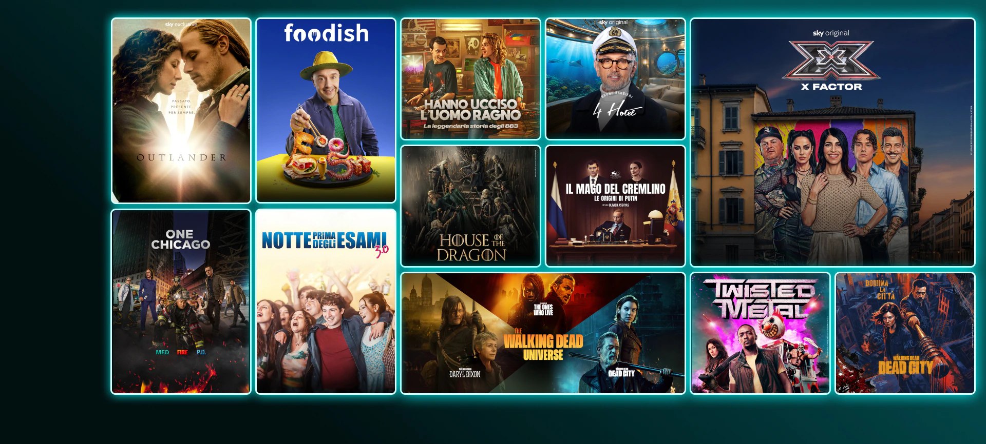 Mosaico di locandine di serie TV e film su NOW: The Last of Us (stagione 2), Money Road, And Just Like That (stagione 3), Gomorra, Gialappa’s Show, The White Lotus 3